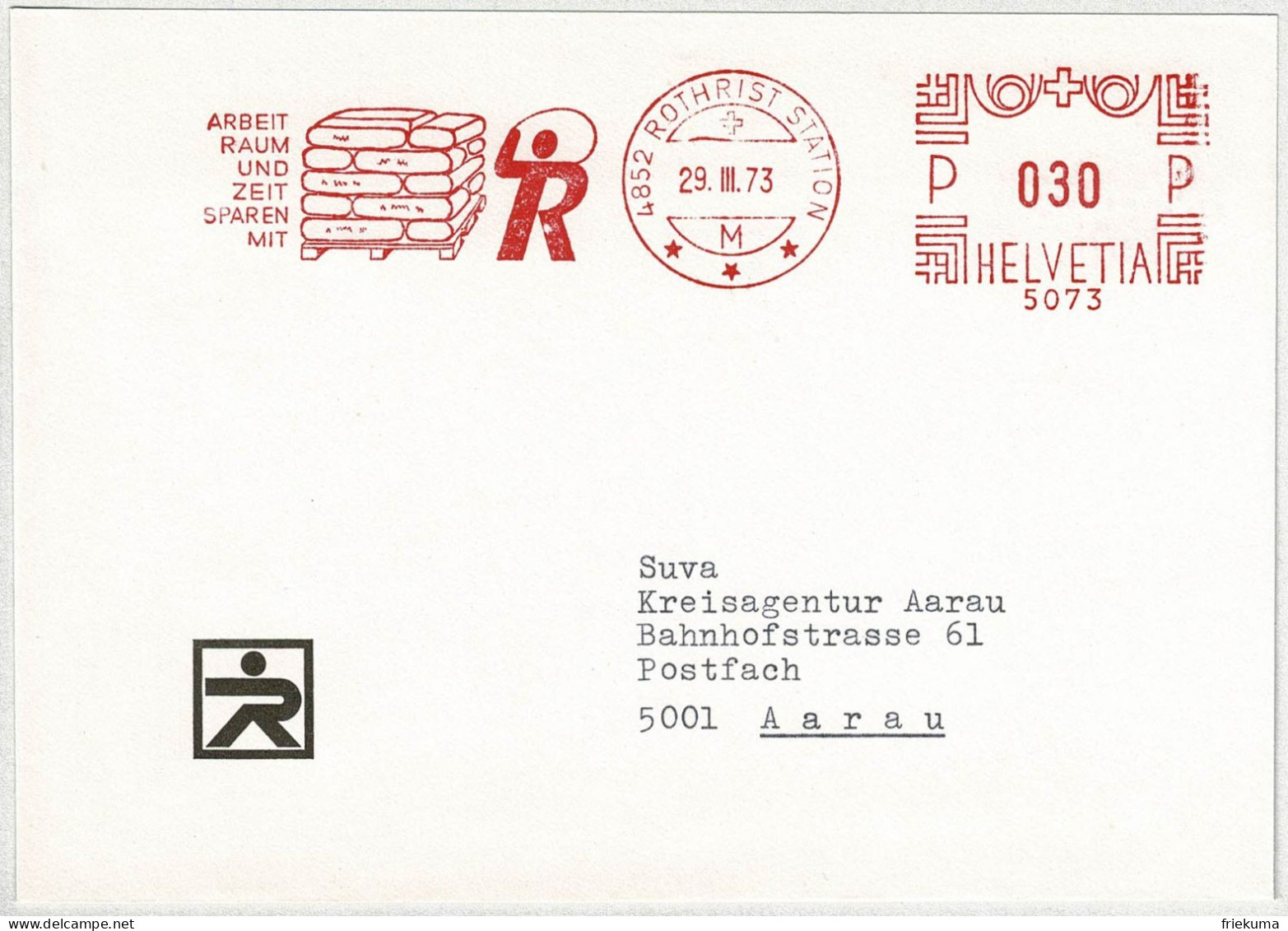 Schweiz 1973, Brief Freistempel / EMA / Meterstamp Rothrist Station - Aarau - Frankeermachinen