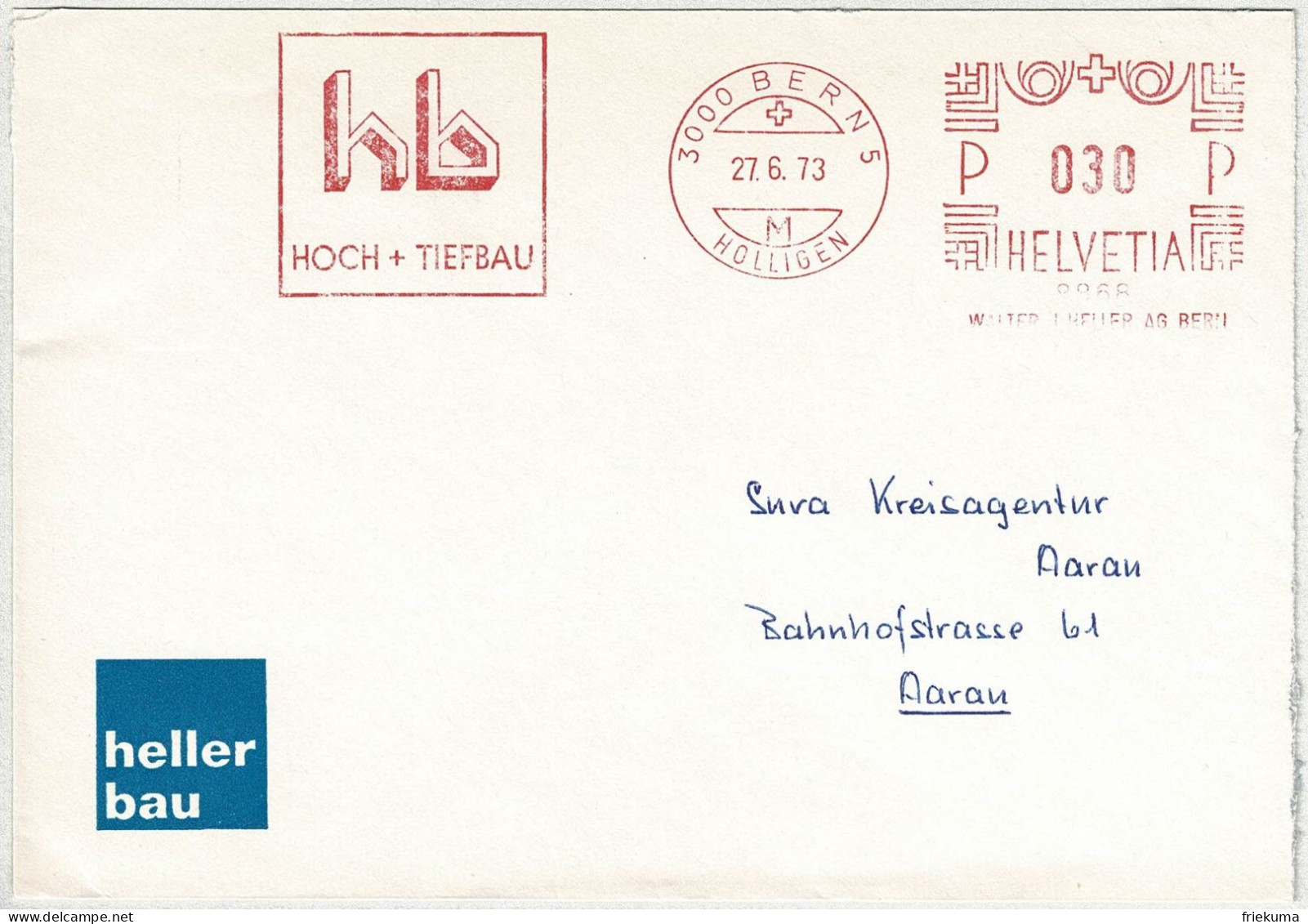 Schweiz 1973, Brief Freistempel / EMA / Meterstamp Heller Bau Bern - Aarau, Hoch- Und Tiefbau - Frankeermachinen