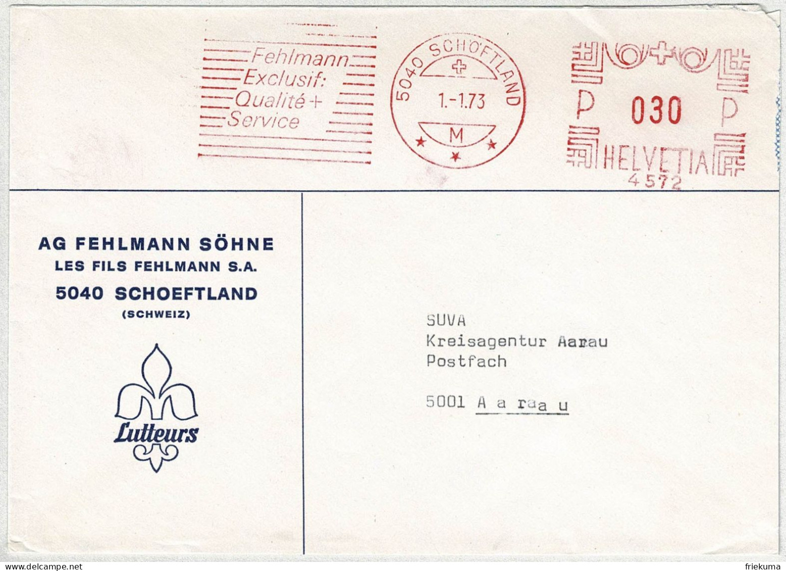 Schweiz 1973, Brief Freistempel / EMA / Meterstamp Fehlmann Schöftland - Aarau, Lutteurs, Kleidung - Affranchissements Mécaniques