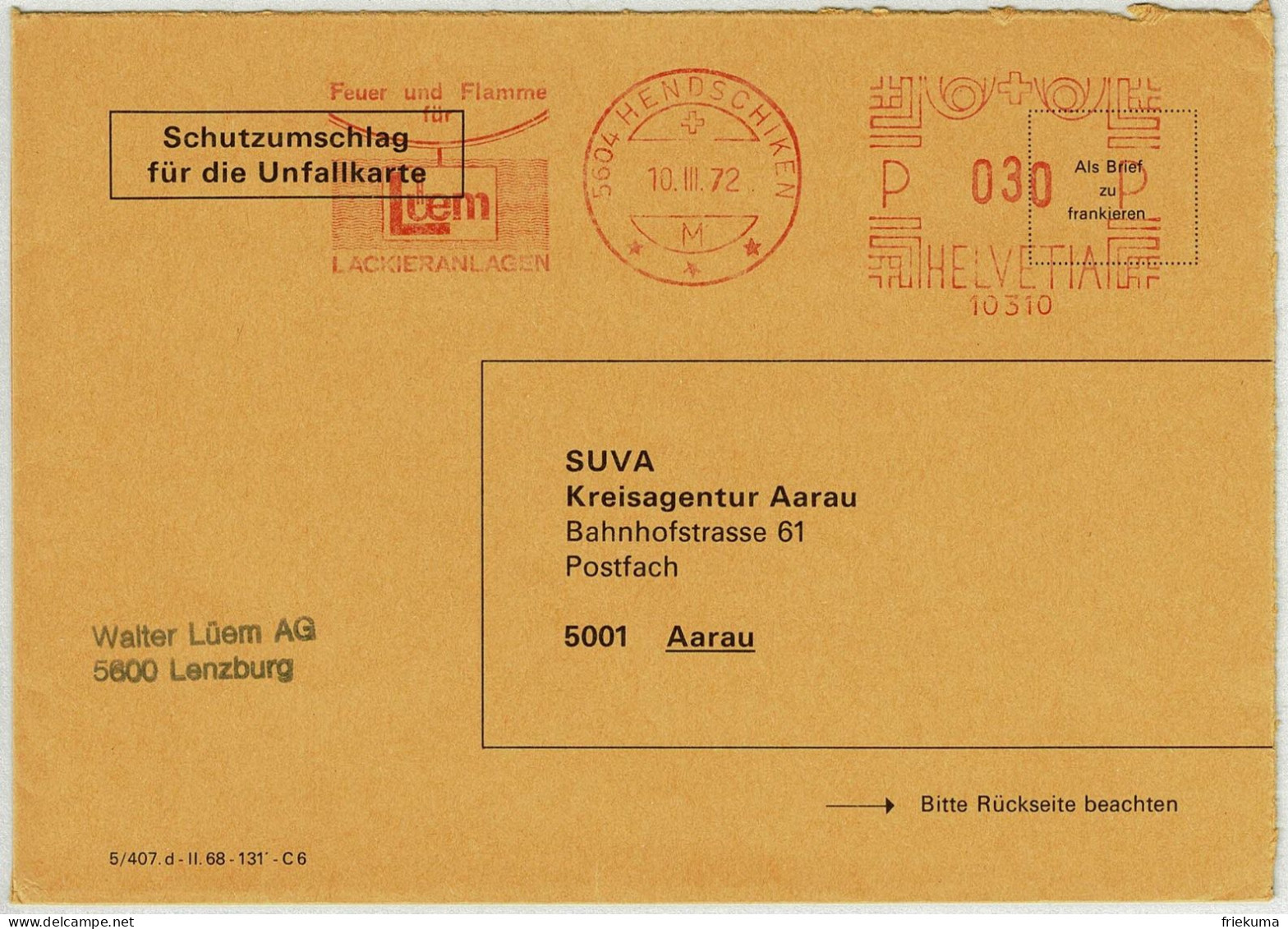 Schweiz 1972, Brief Freistempel / EMA / Meterstamp Lüem Lackieranlagen Hendschiken - Aarau - Affranchissements Mécaniques