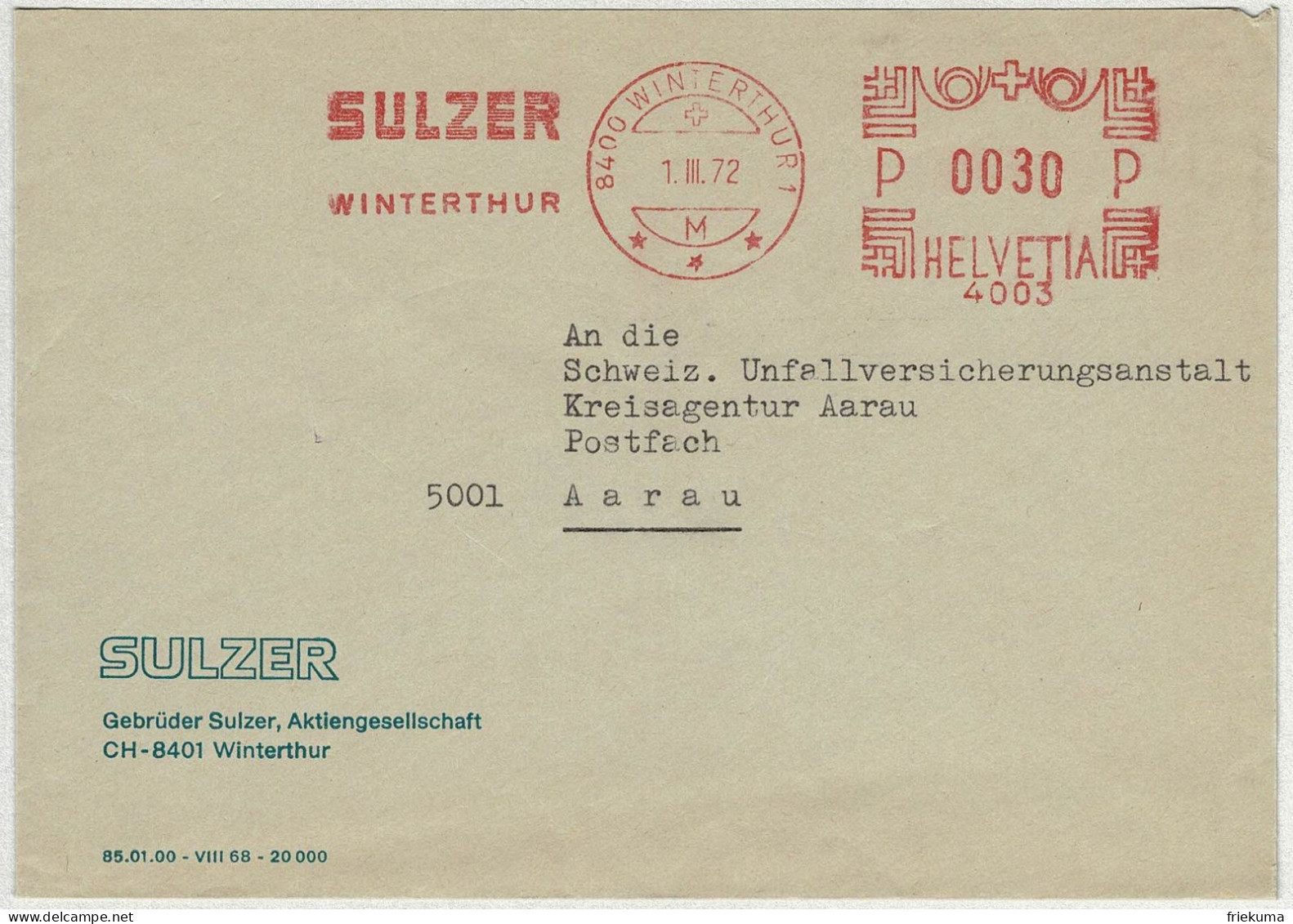 Schweiz 1972, Brief Freistempel / EMA / Meterstamp Sulzer Winterthur - Aarau - Affranchissements Mécaniques