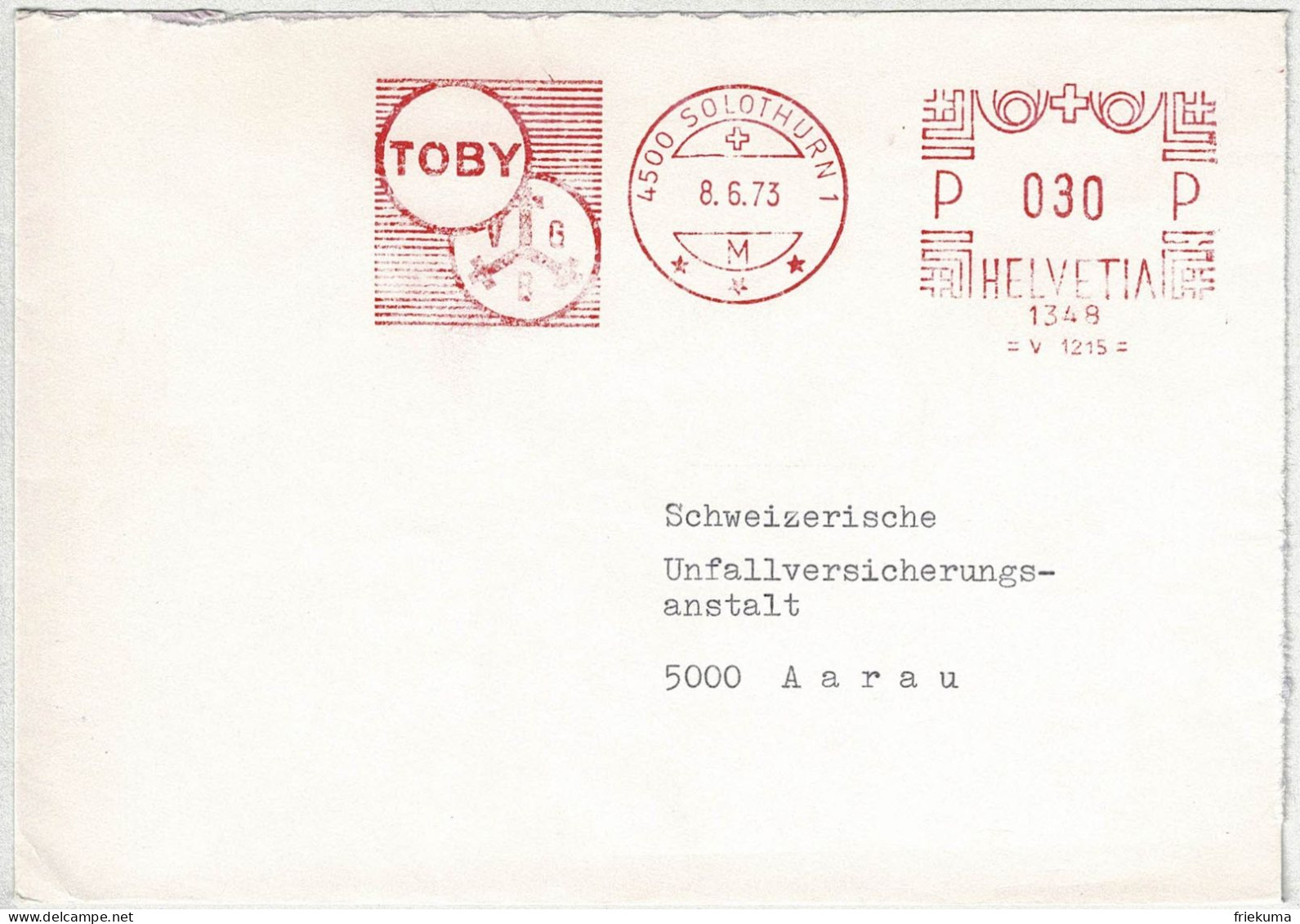 Schweiz 1973, Brief Freistempel / EMA / Meterstamp Toby Solothurn - Aarau - Frankeermachinen