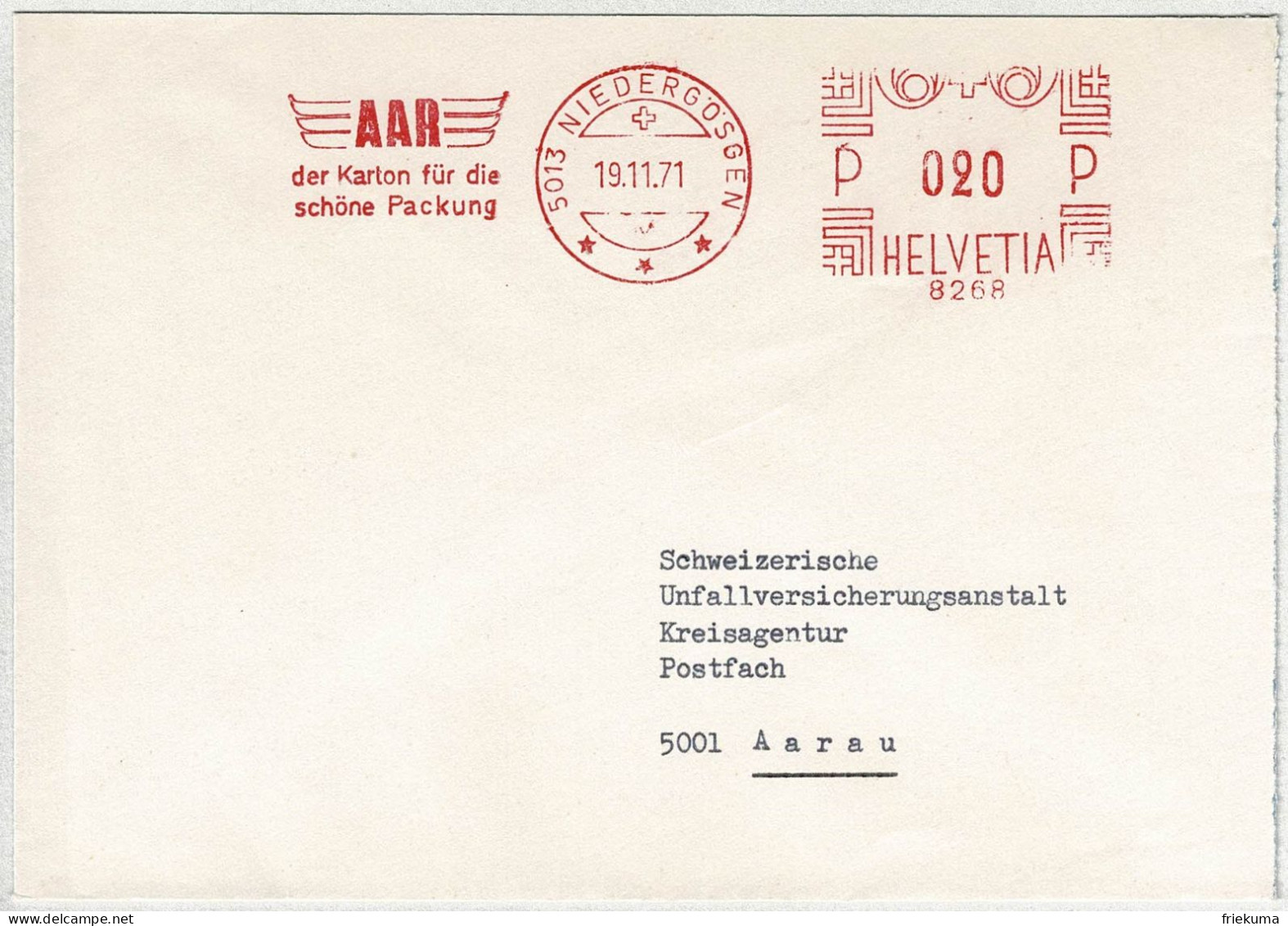 Schweiz 1971, Brief Freistempel / EMA / Meterstamp AAR Kartonfabrik Niedergösgen - Aarau - Frankiermaschinen (FraMA)