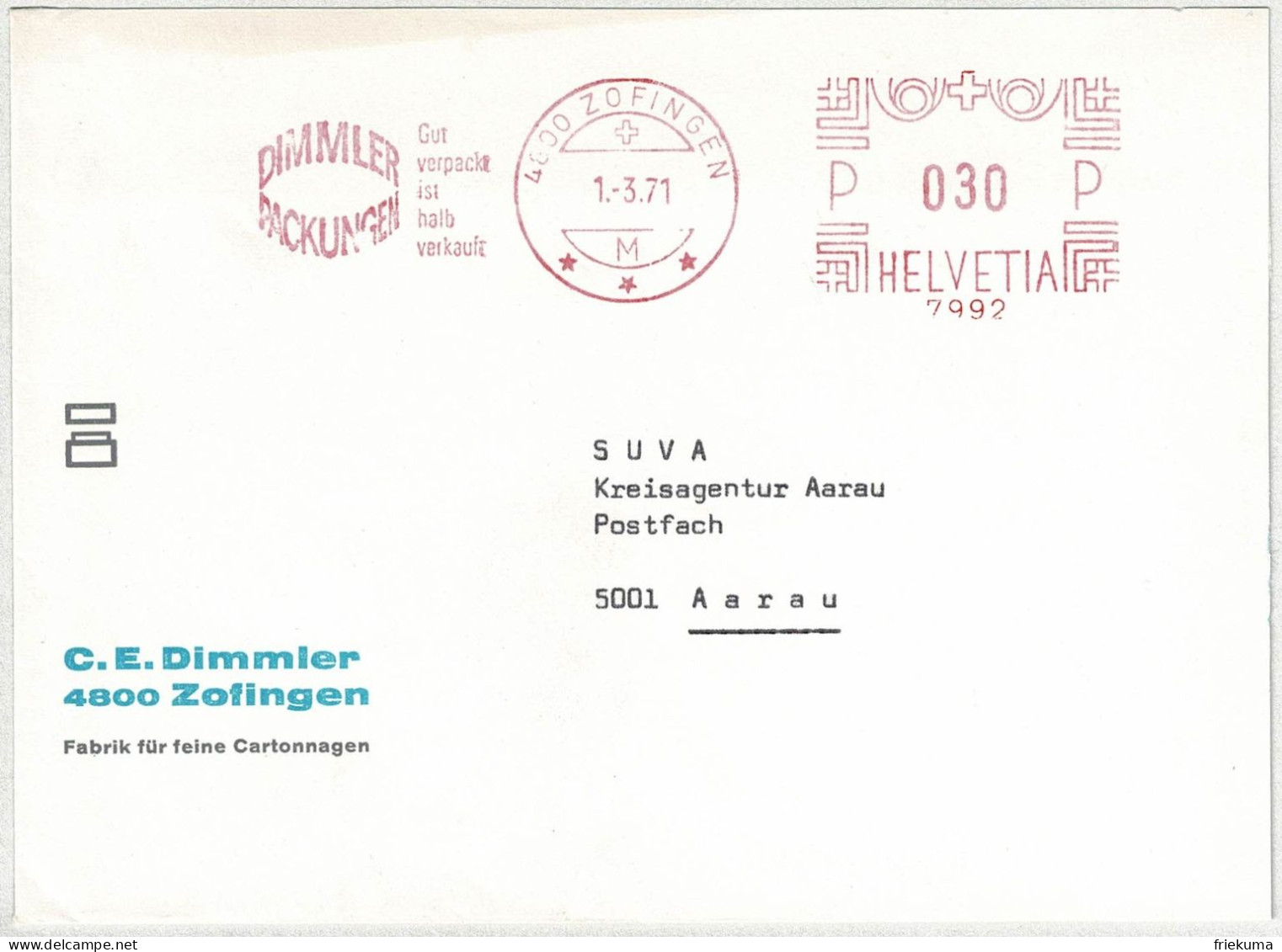 Schweiz 1971, Brief Freistempel / EMA / Meterstamp Dimmler Packungen Zofingen - Aarau, Cartonnagen - Máquinas De Franquear