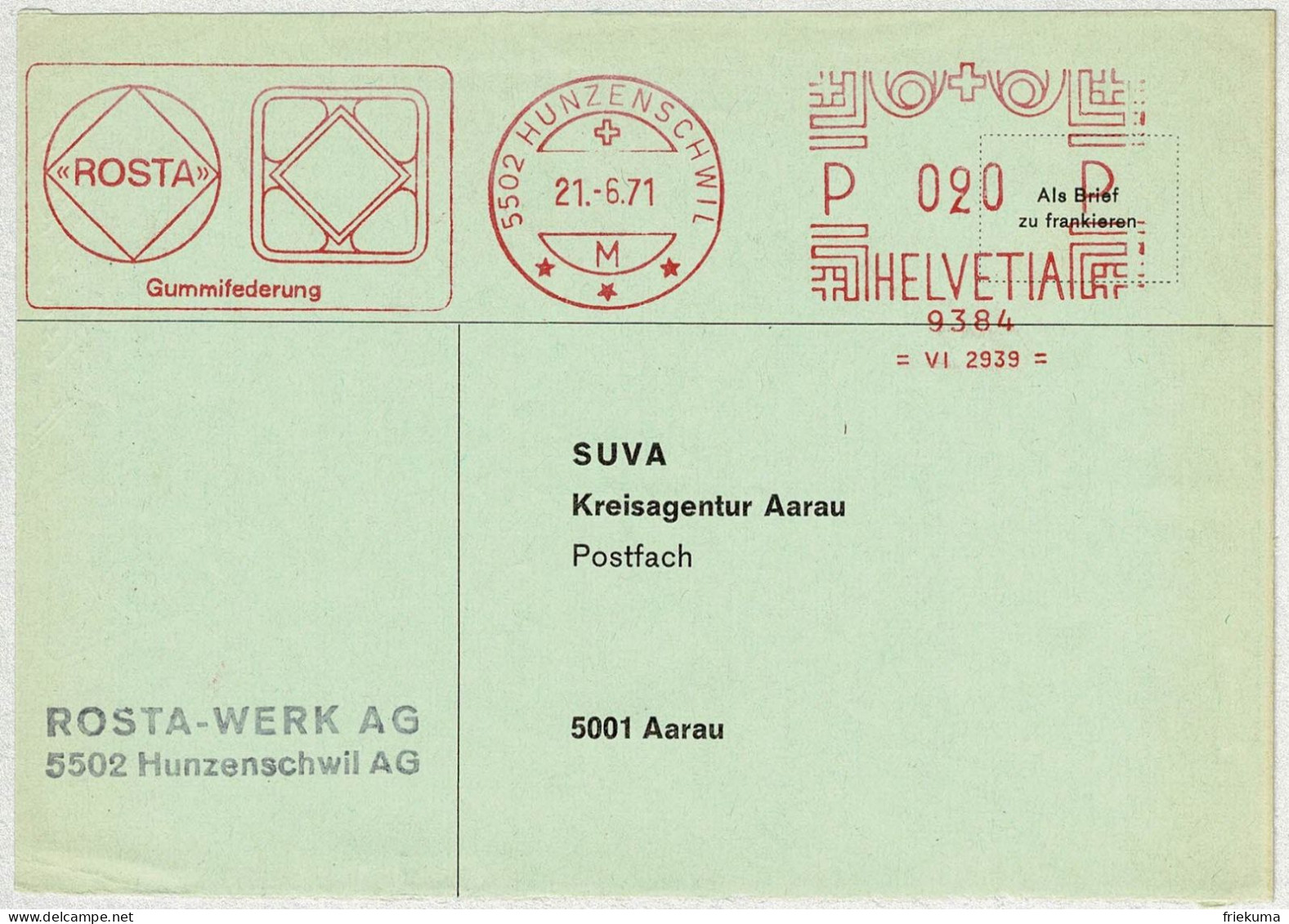 Schweiz 1971, Briefausschnitt Freistempel / EMA / Meterstamp Rosta Hunzenschwil - Aarau, Gummifederung - Frankiermaschinen (FraMA)