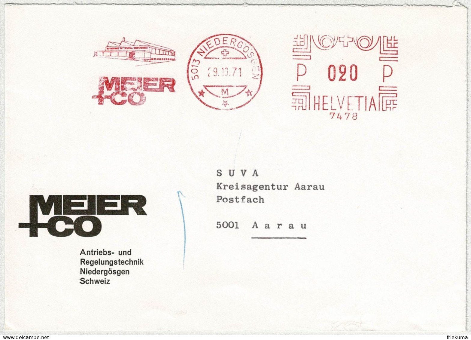 Schweiz 1971, Brief Freistempel / EMA / Meterstamp Meier Niedergösgen - Aarau, Antriebe, Regelungen - Affrancature Meccaniche