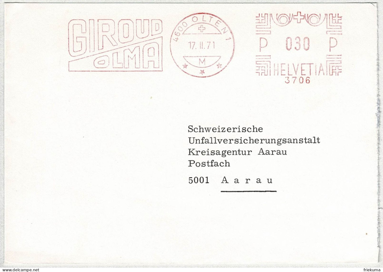 Schweiz 1971, Brief Freistempel / EMA / Meterstamp Giroud Olma Olten - Aarau - Postage Meters