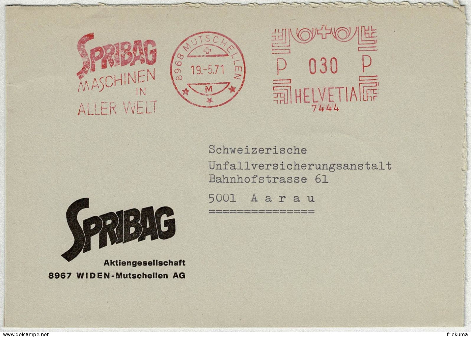 Schweiz 1971, Brief Freistempel / EMA / Meterstamp Spribag Mutschellen - Aarau, Maschinen - Frankiermaschinen (FraMA)