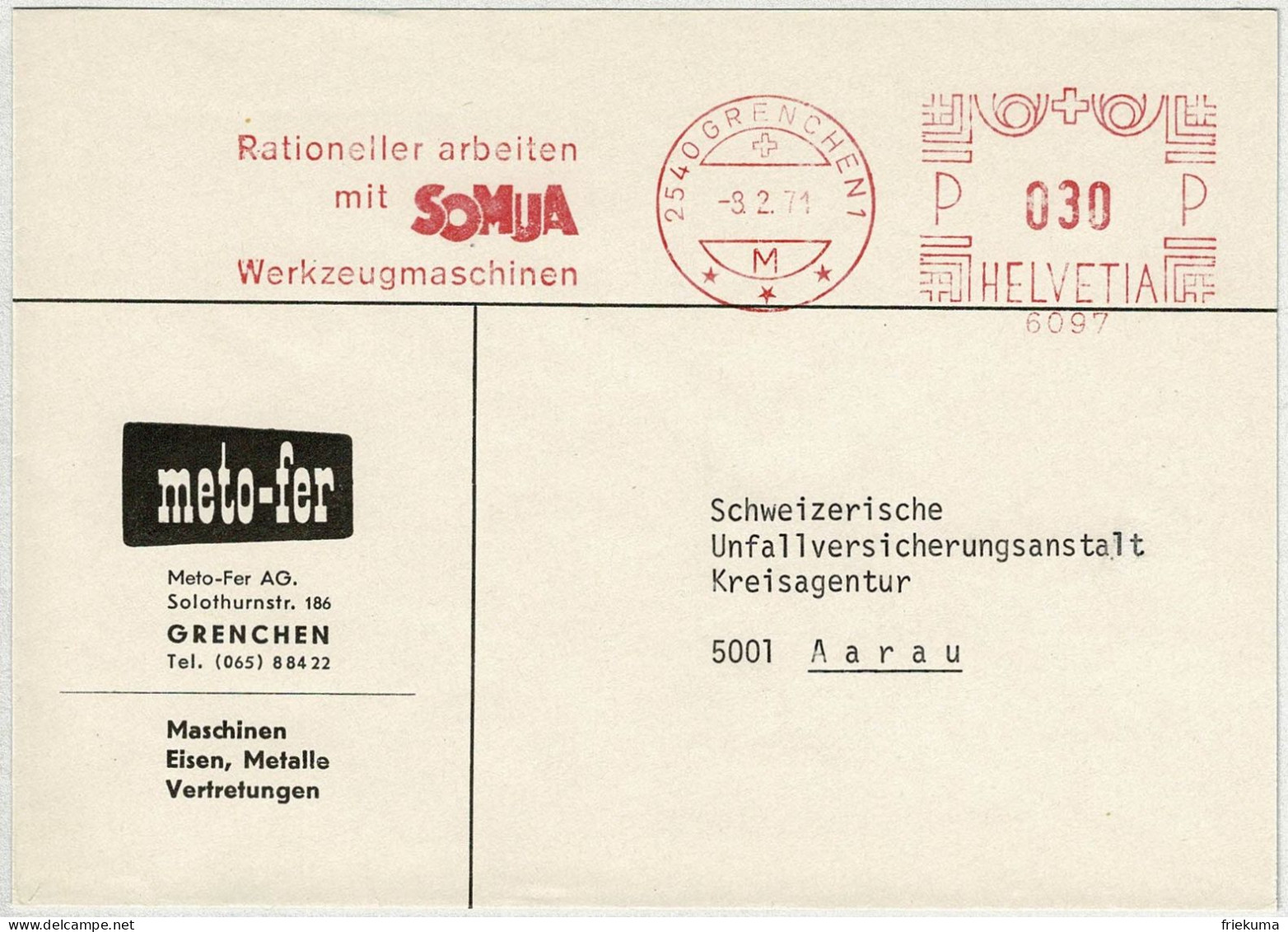 Schweiz 1971, Brief Freistempel / EMA / Meterstamp Meto-Fer Grenchen - Aarau, Werkzeugmaschinen - Postage Meters