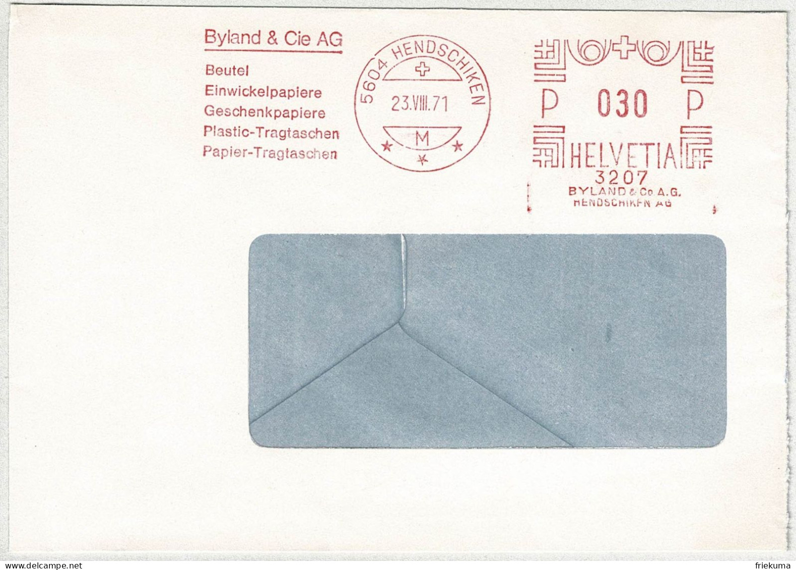 Schweiz 1971, Briefumschlag Freistempel / EMA / Meterstamp Byland Hendschiken, Papiere - Postage Meters