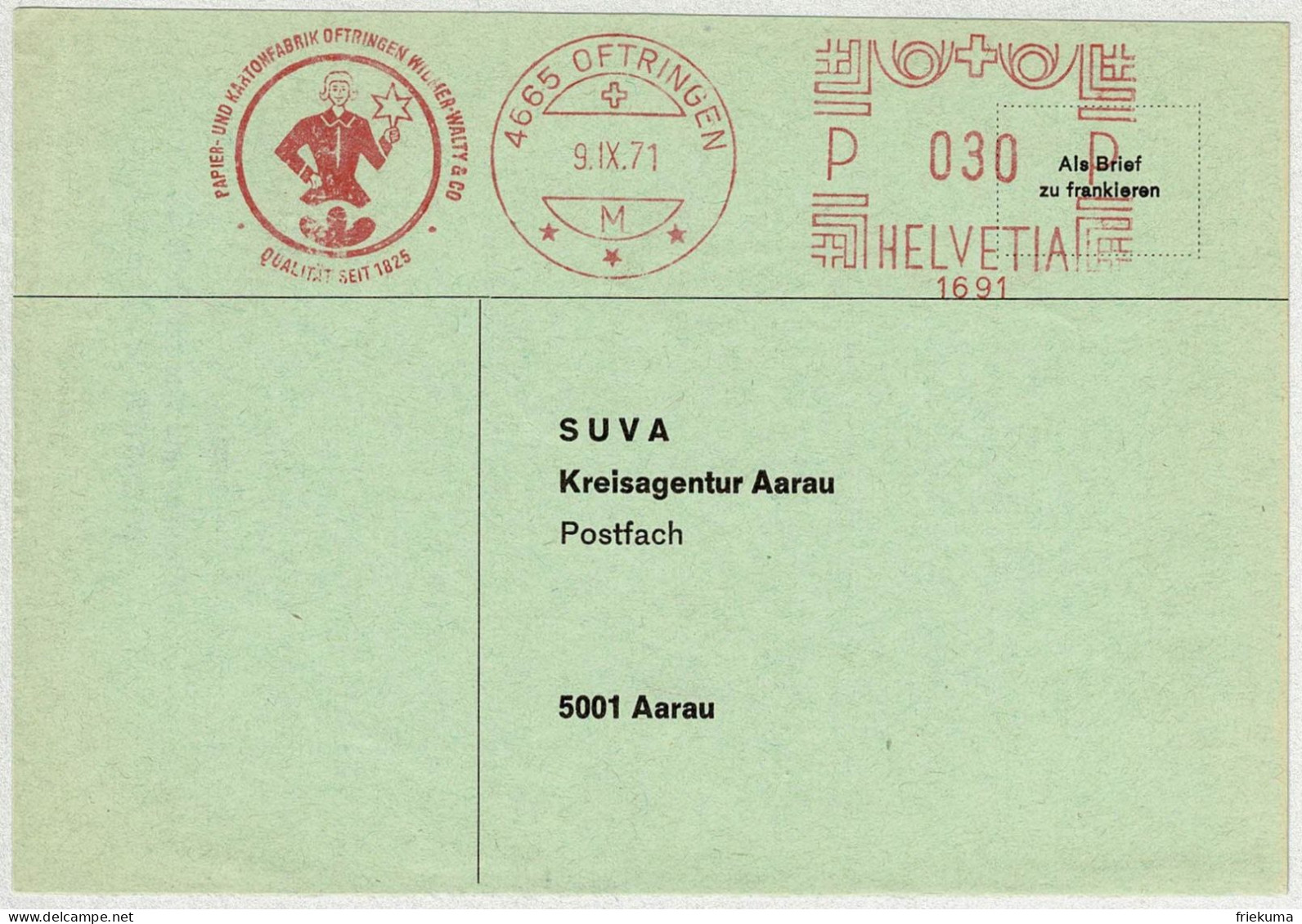 Schweiz 1971, Briefausschnitt Freistempel / EMA / Meterstamp Wälty Oftringen - Aarau, Papier, Karton - Affranchissements Mécaniques