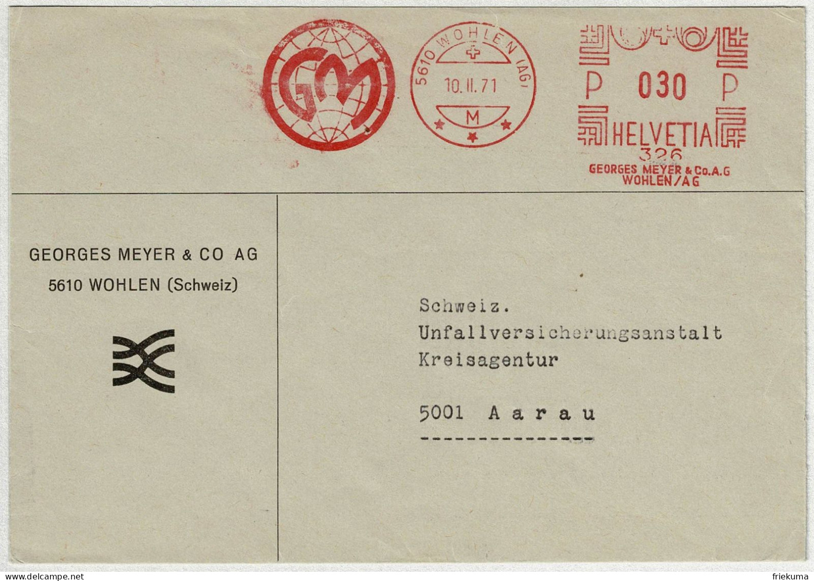 Schweiz 1971, Brief Freistempel / EMA / Meterstamp Georges Meyer Wohlen - Aarau - Affrancature Meccaniche