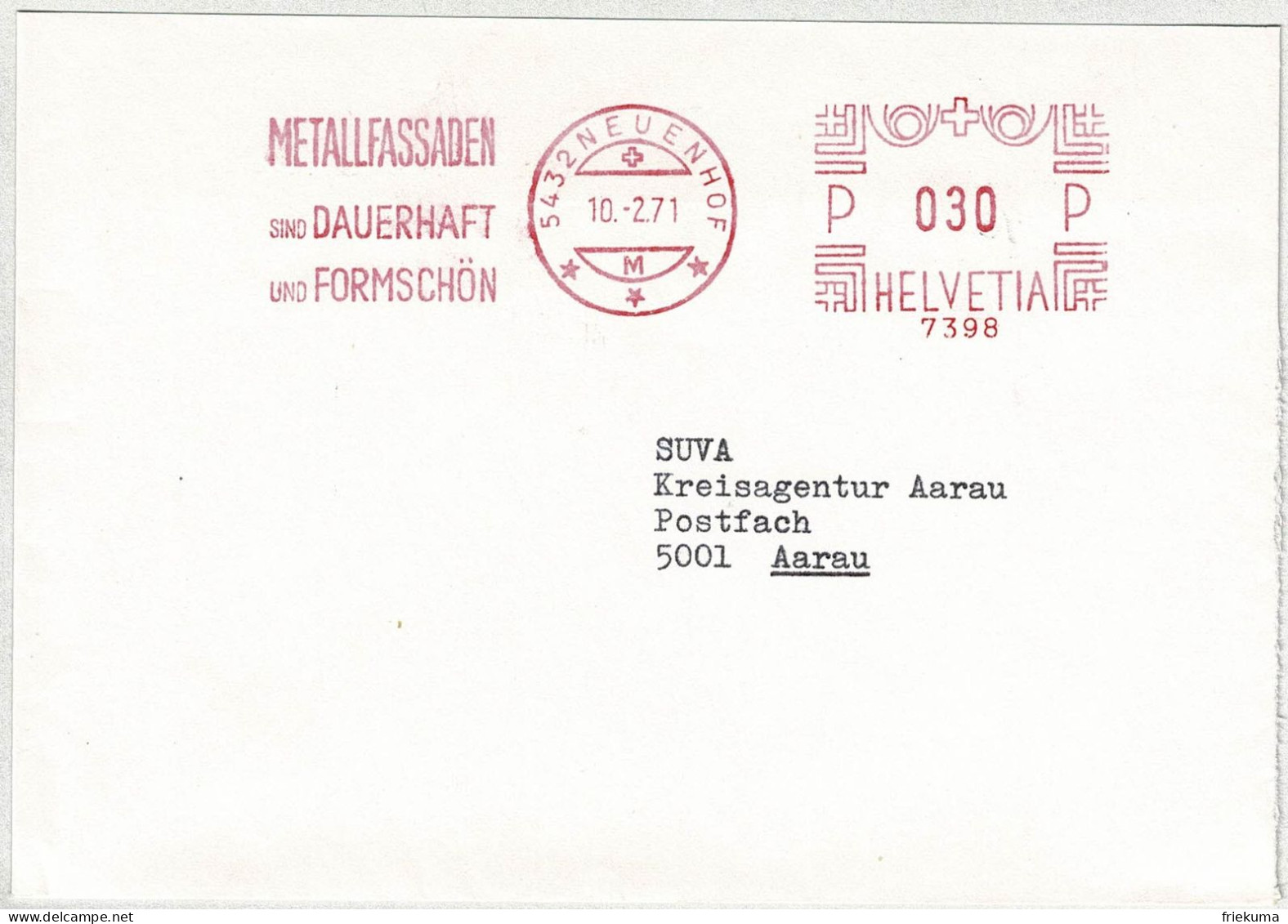 Schweiz 1971, Brief Freistempel / EMA / Meterstamp Neuenhof - Aarau, Bau, Metalle - Affranchissements Mécaniques