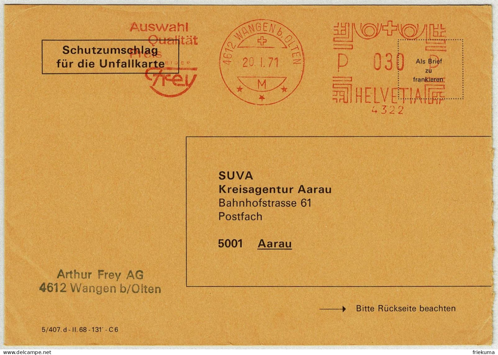 Schweiz 1971, Brief Freistempel / EMA / Meterstamp Kleider Frey Wangen - Aarau - Affrancature Meccaniche