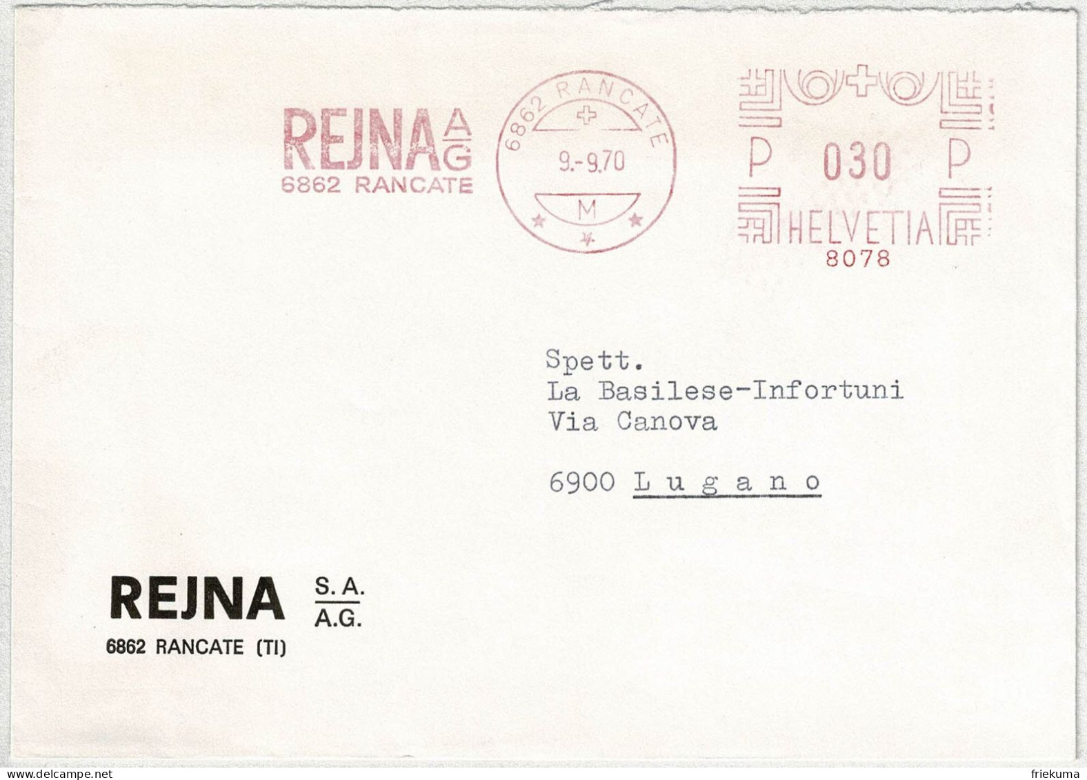 Schweiz 1970, Brief Freistempel / EMA / Meterstamp Rejna Rancate - Lugano - Postage Meters