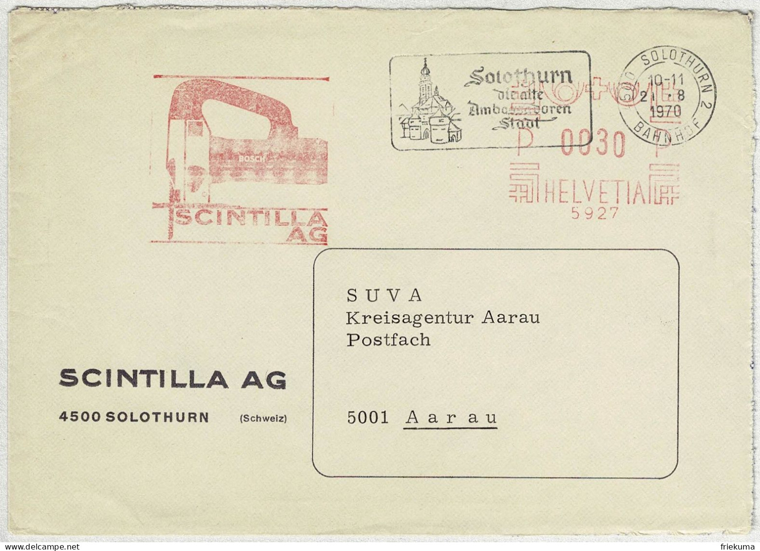 Schweiz 1970, Brief Freistempel / EMA / Meterstamp Scintilla Solothurn - Aarau, Werkzeuge - Affrancature Meccaniche