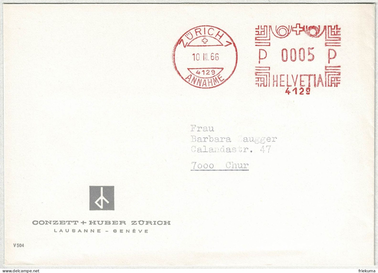 Schweiz 1966, Brief Freistempel / EMA / Meterstamp Conzett+Huber Zürich - Chur, Verlag - Frankiermaschinen (FraMA)