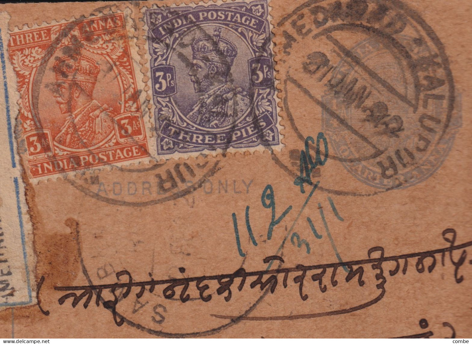 POSTCARD INDIA. REGISTERED. 31 JAN 1922. AHMEDABAD-KALUPUR. STATIONNERY 1/4 A + 3As + 3Ps - 1911-35 Koning George V
