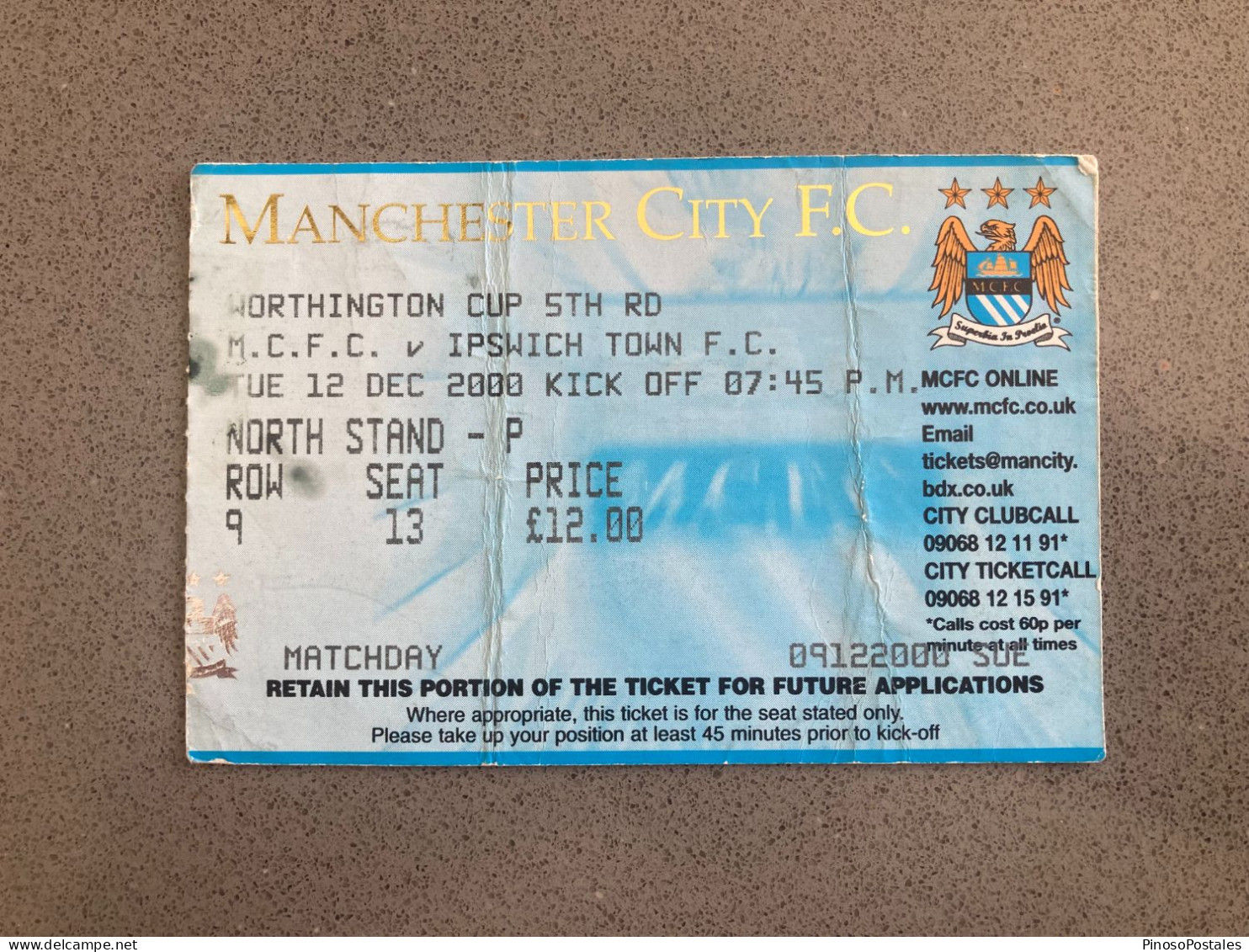 Manchester City V Ipswich Town 2000-01 Match Ticket - Tickets D'entrée