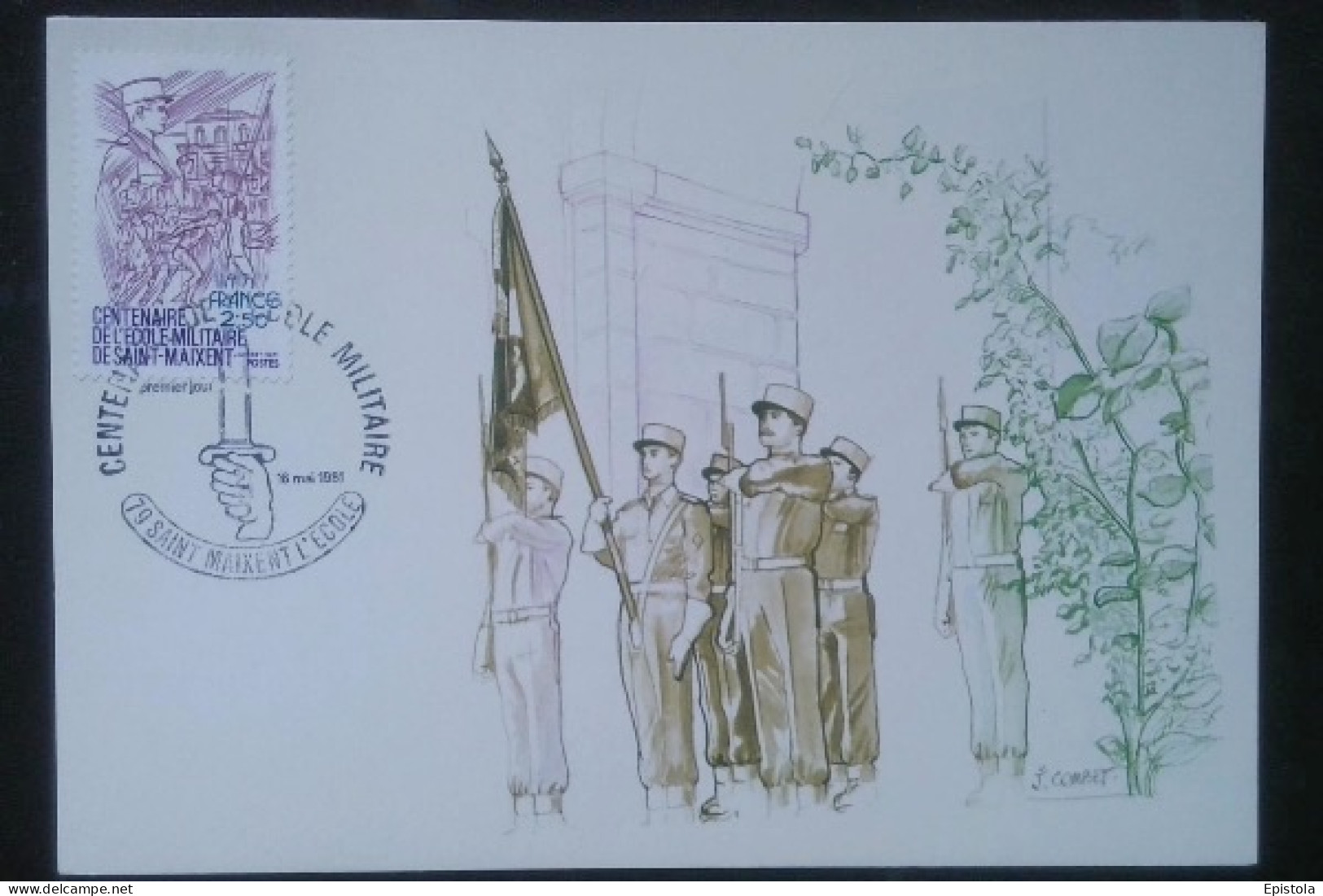 ► Carte Maximum Card.    Centenaire Ecole Militaire De Saint Maixent (79)   Cachet Militaria 1981 Dessin Combet - 1980-1989