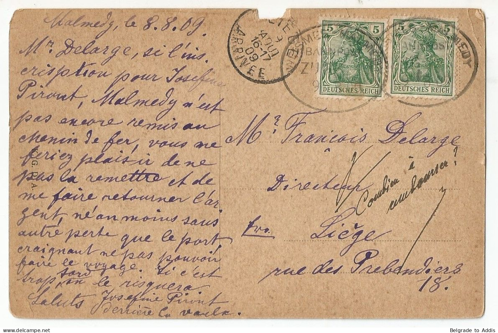 Belgique Belgie Allemagne Deutschland Postkarte Postcard 1909 Ambulant TPO Cancel Zug Weismes (Waimes) - Malmedy RARE !! - Documenten & Fragmenten