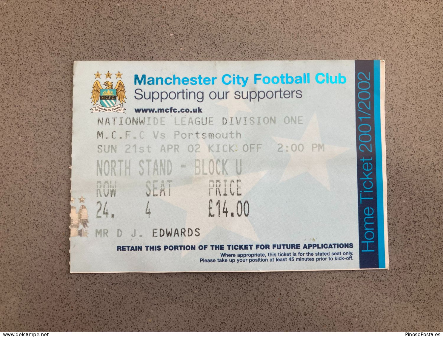 Manchester City V Portsmouth 2001-02 Match Ticket - Eintrittskarten