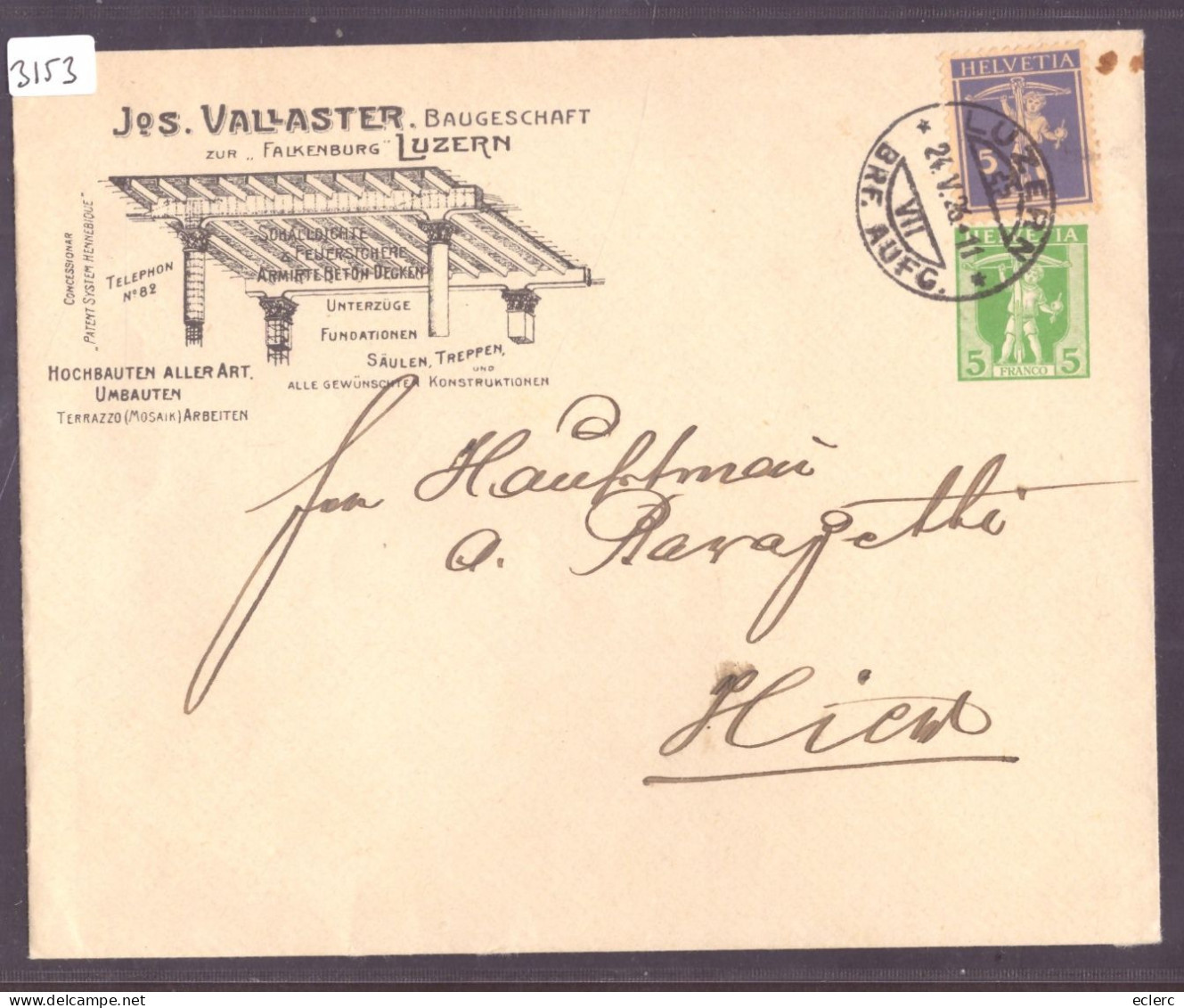 LETTRE A ENTETE - ENTIER POSTAL - JOS. VALLASTER BAUGESCHAFT LUZERN - Stamped Stationery