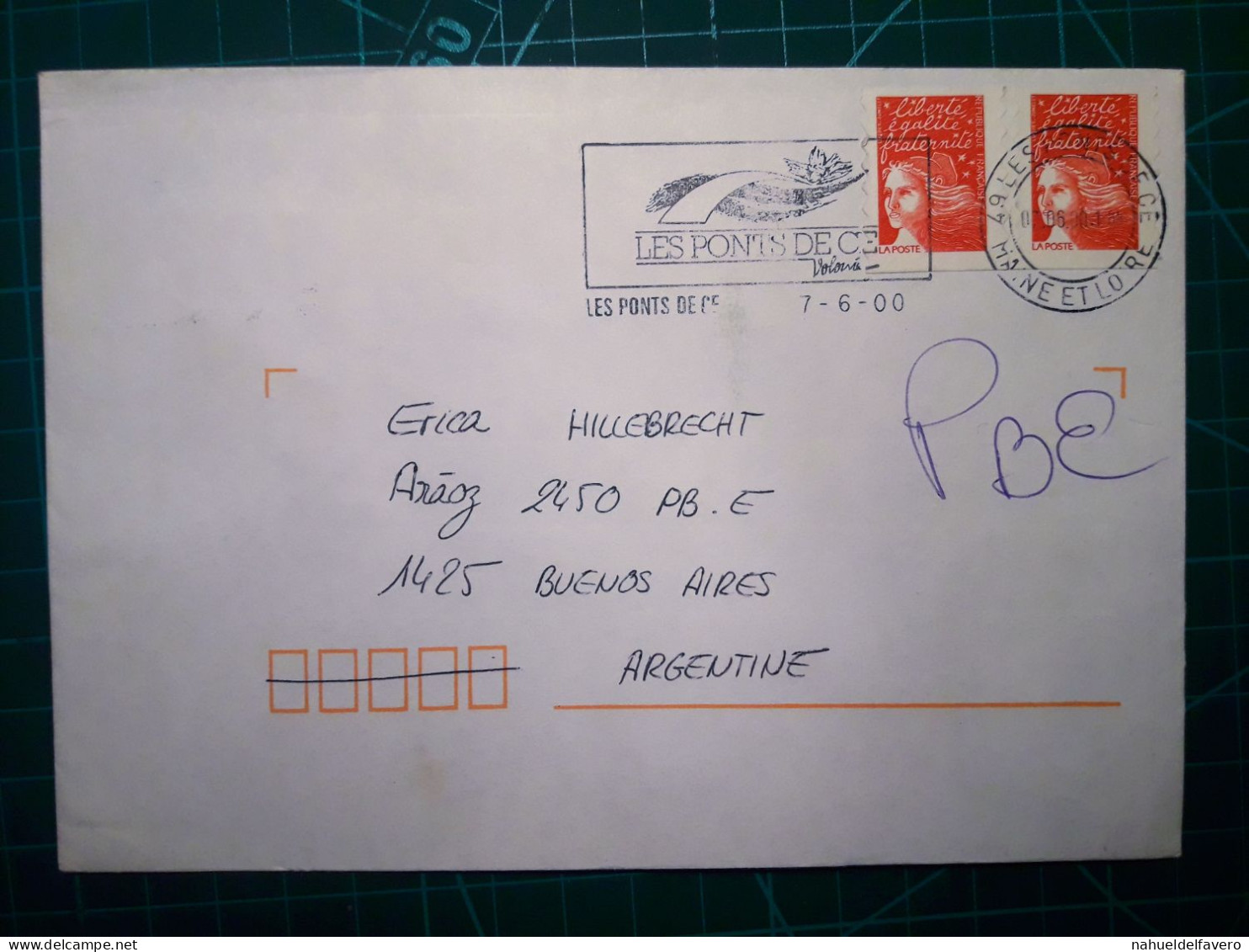 FRANCE, Enveloppe Envoyée à Buenos Aires, Argentine Avec Cachet Spécial "Les Ponts De Ce". Année 2000. - Used Stamps