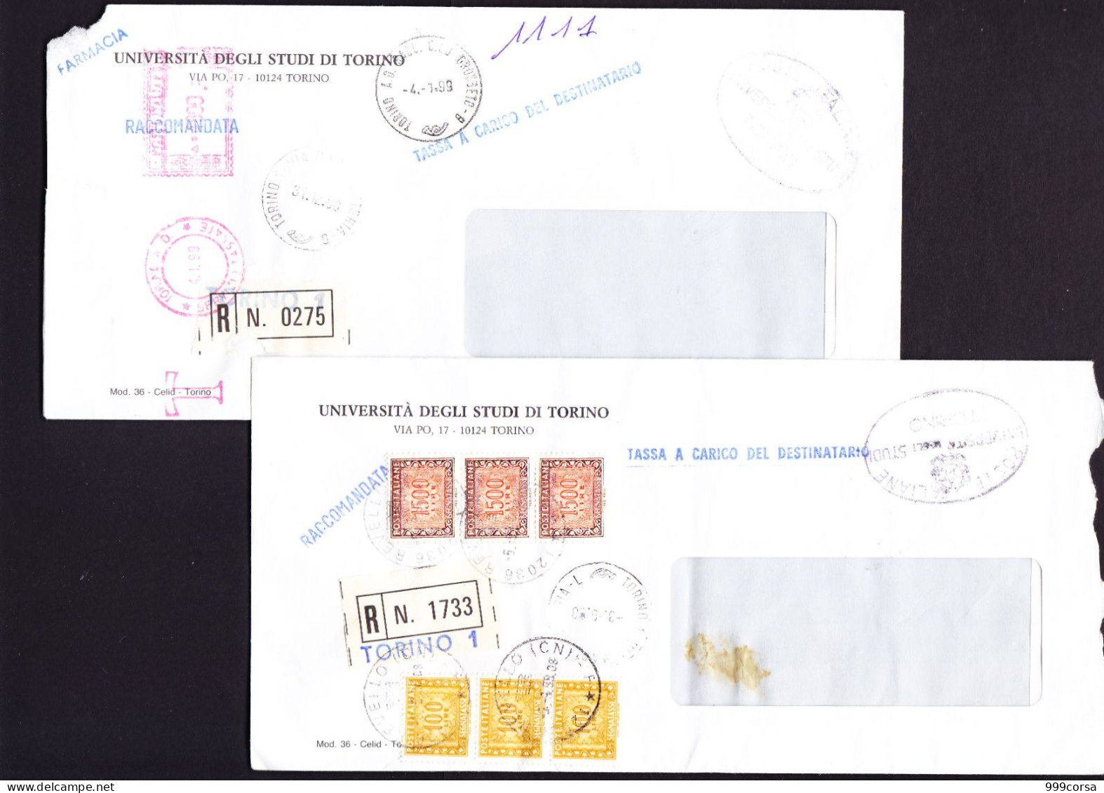 Italia,Tassa A Carico, 6 Buste Raccomandate,segnatasse 100,900,1500, E Affranc. Meccanica, Talloncino Tradizionale(678) - Strafport