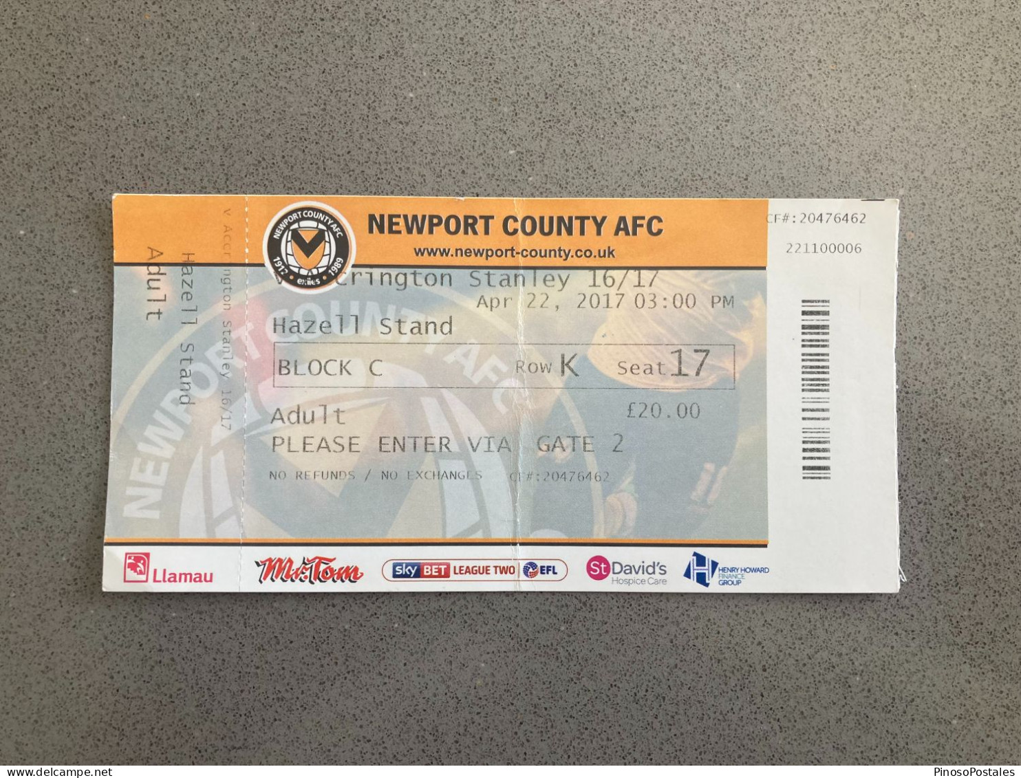 Newport County V Accrington Stanley 2016-17 Match Ticket - Tickets D'entrée