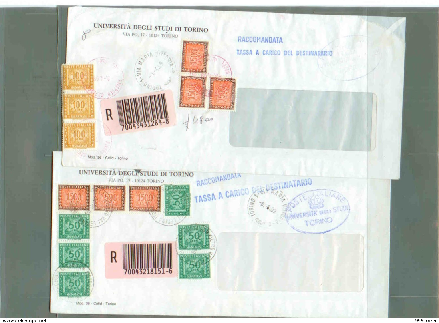 Italia,Tassa A Carico, 4 Buste Raccomandate,segnatasse 50, 100, 900, 1500, Talloncini Codice A Barre E Tradizionale(54) - Postage Due