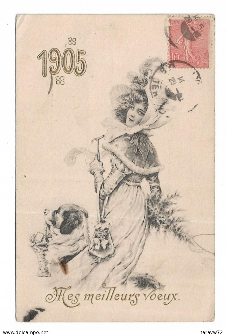 CPA BONNE ANNEE 1905 / JEUNE FEMME ET CHIEN Y- MES MEILLEURS VOEUX - Año Nuevo