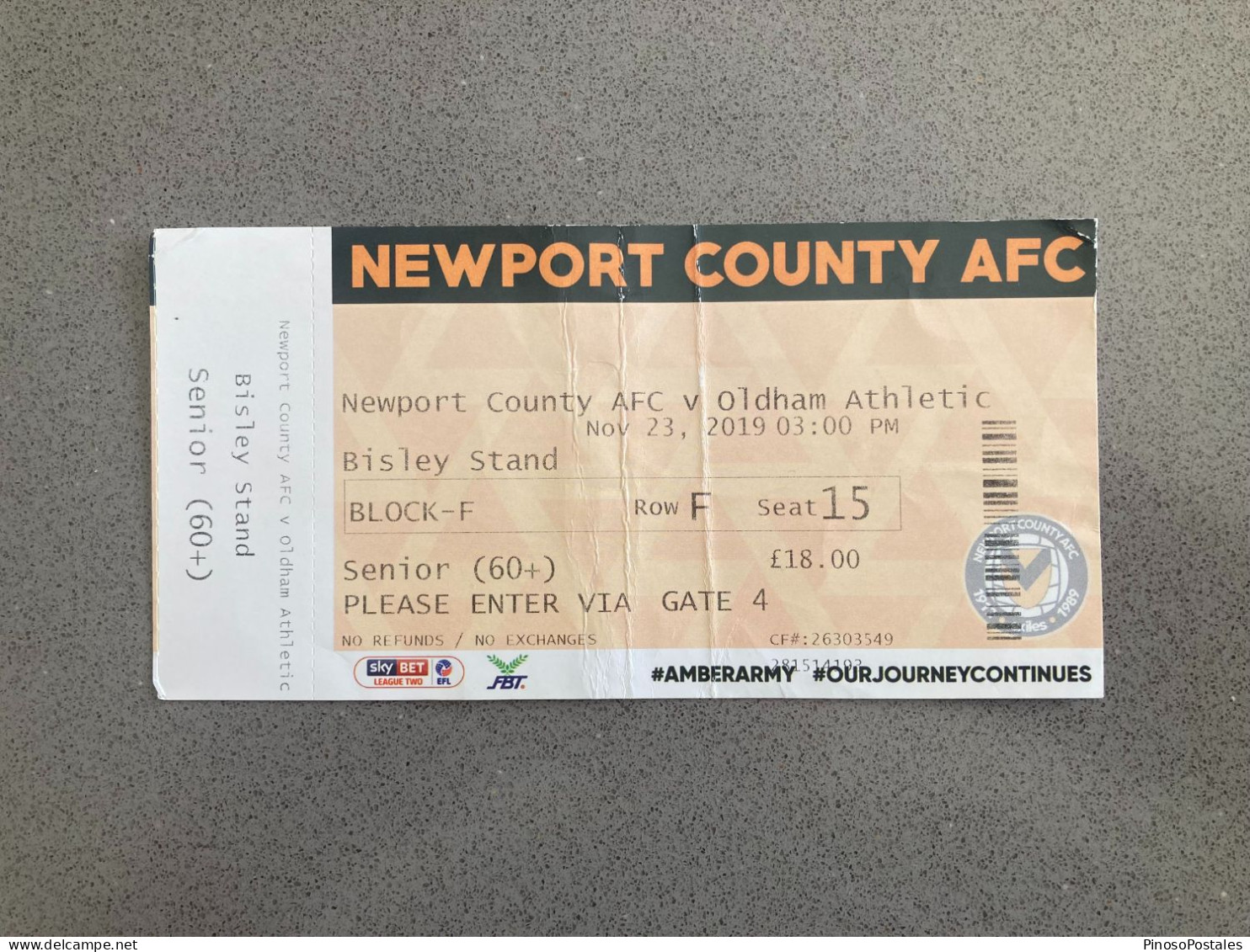 Newport County V Oldham Athletic 2019-20 Match Ticket - Tickets & Toegangskaarten
