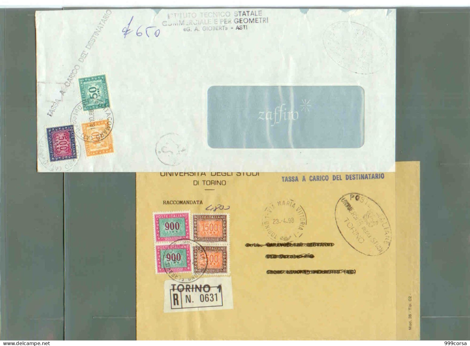 Italia, Tassa A Carico, 6 Buste (3 Raccomandate), Segnatasse 50, 100, 500, 900, 1500 (321) 3 Scan - Postage Due