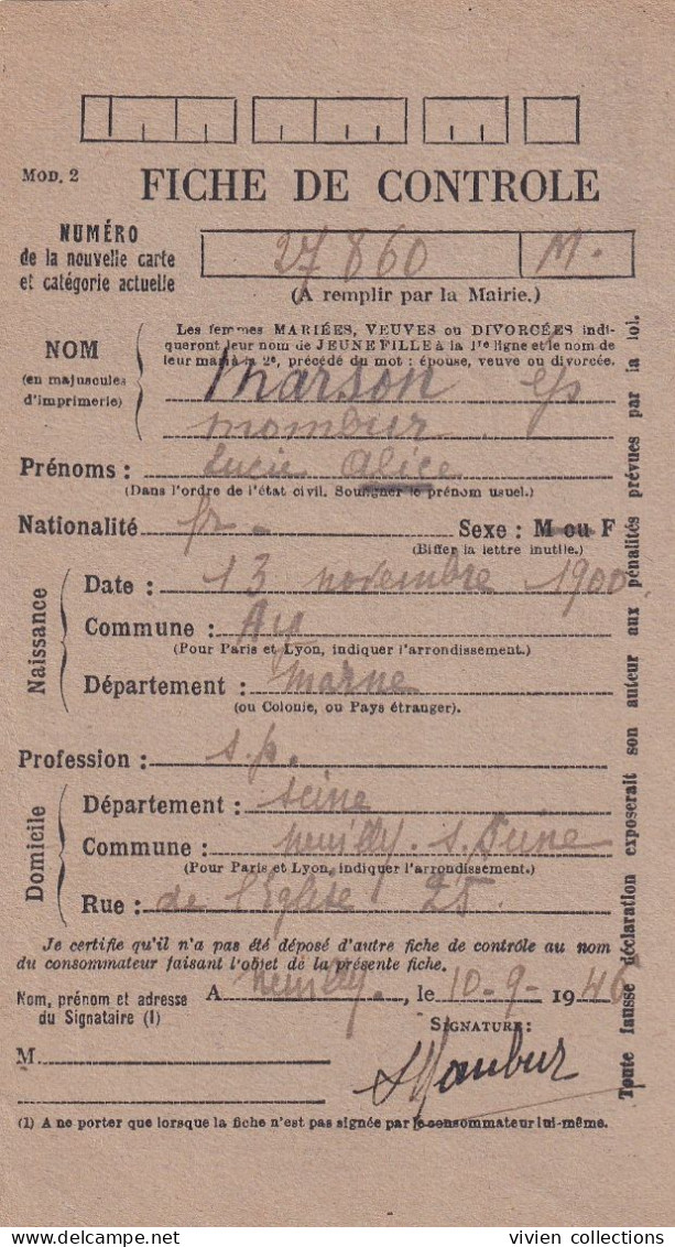 Neuilly Sur Seine (92) Carte De Ravitaillement Général Affranchie Avec Timbre De Franchise Pour Une Native De Ay (51) - WW II