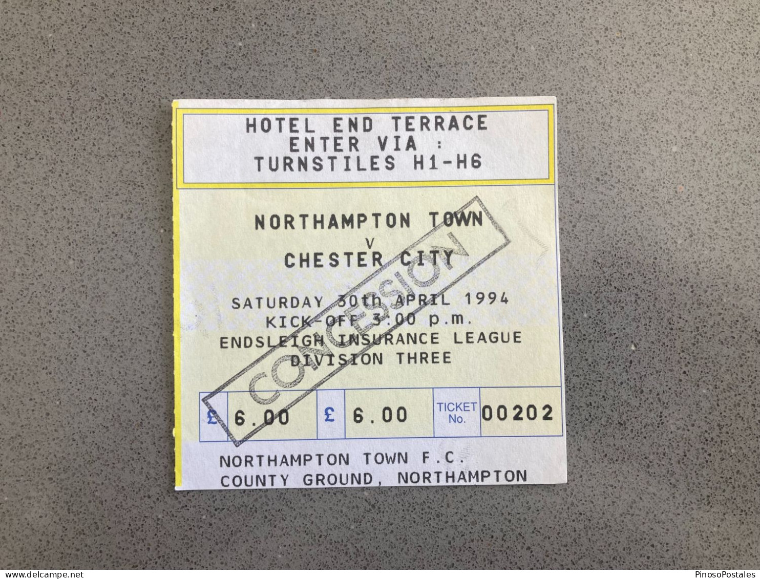 Northampton Town V Chester City 1993-94 Match Ticket - Match Tickets