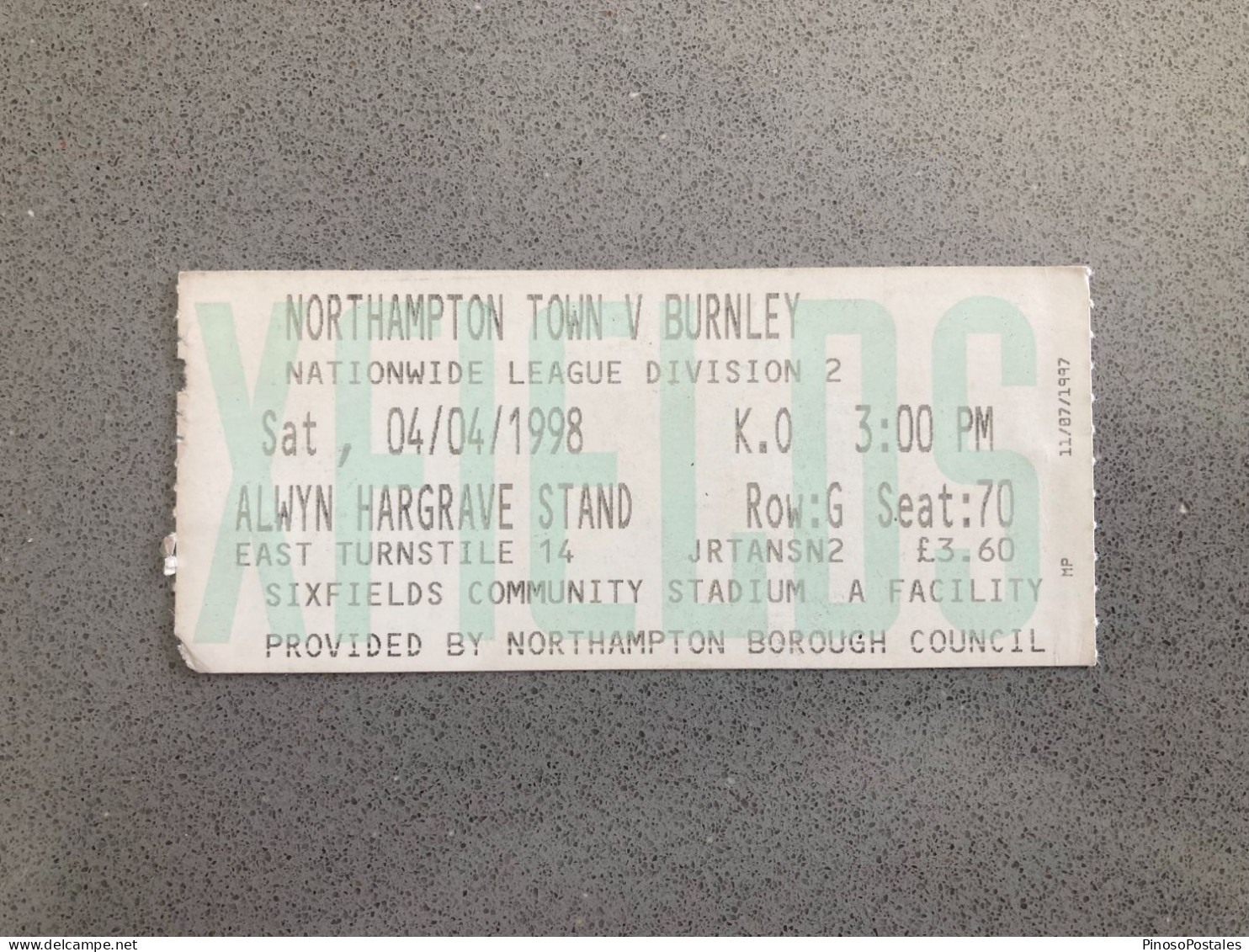 Northampton Town V Burnley 1997-98 Match Ticket - Match Tickets