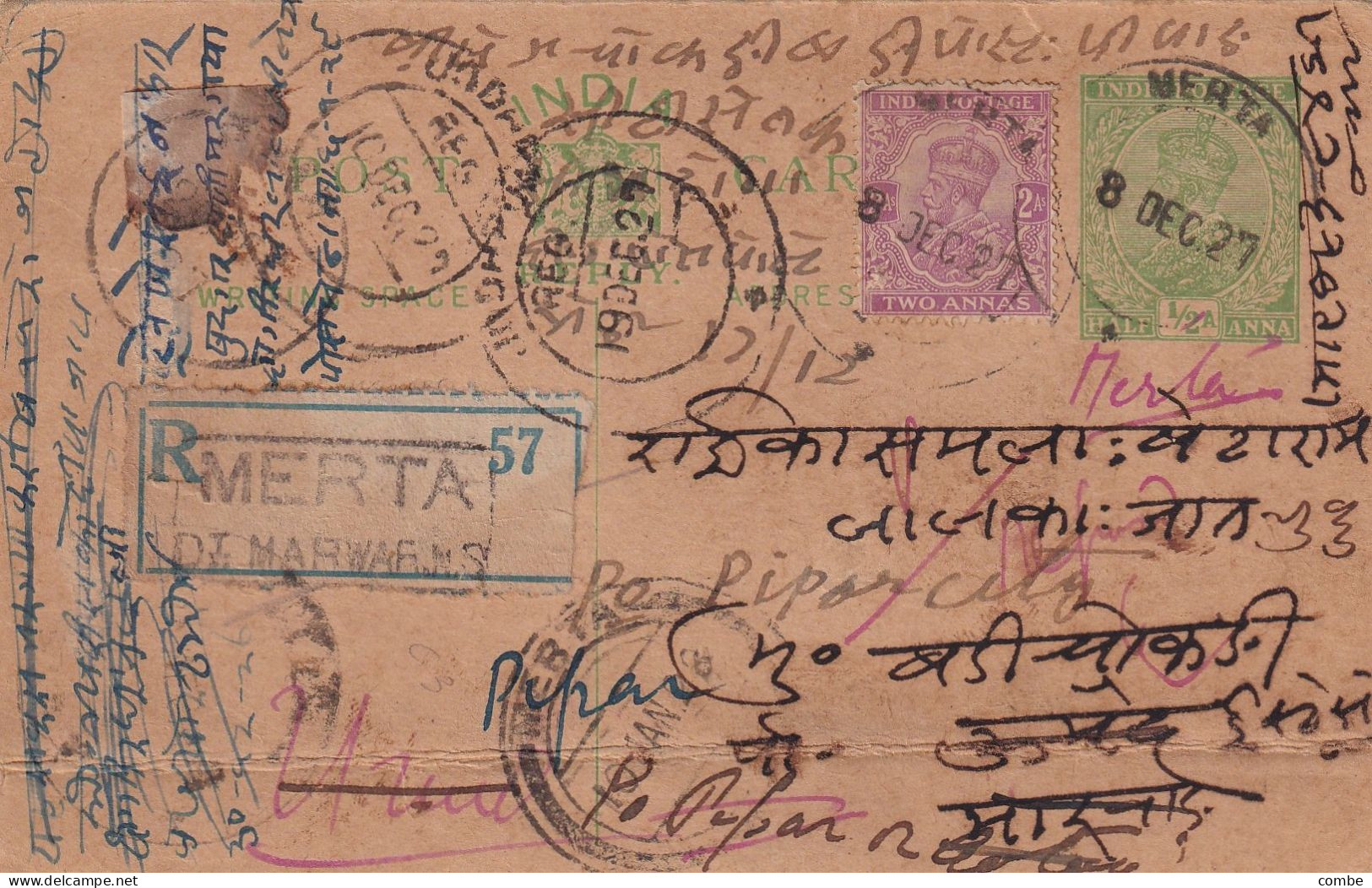POSTCARD INDIA. 8 12 1927. STATIONNERY 1/2A + 2As. REGISTERED MERTA. ATTEMPTED DELIVERY 0N 10 DEC . 19 DEC REFUSED...... - 1911-35  George V