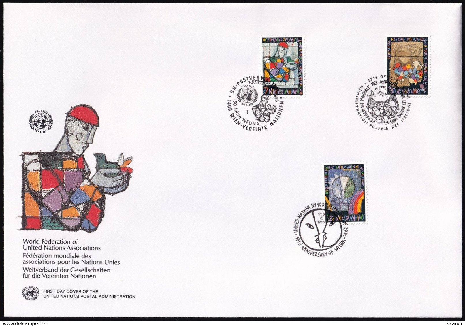 UNO NEW YORK - WIEN - GENF 1996 TRIO-FDC Weltverband Der Gesellschaften Für Die UNO - Gemeinschaftsausgaben New York/Genf/Wien