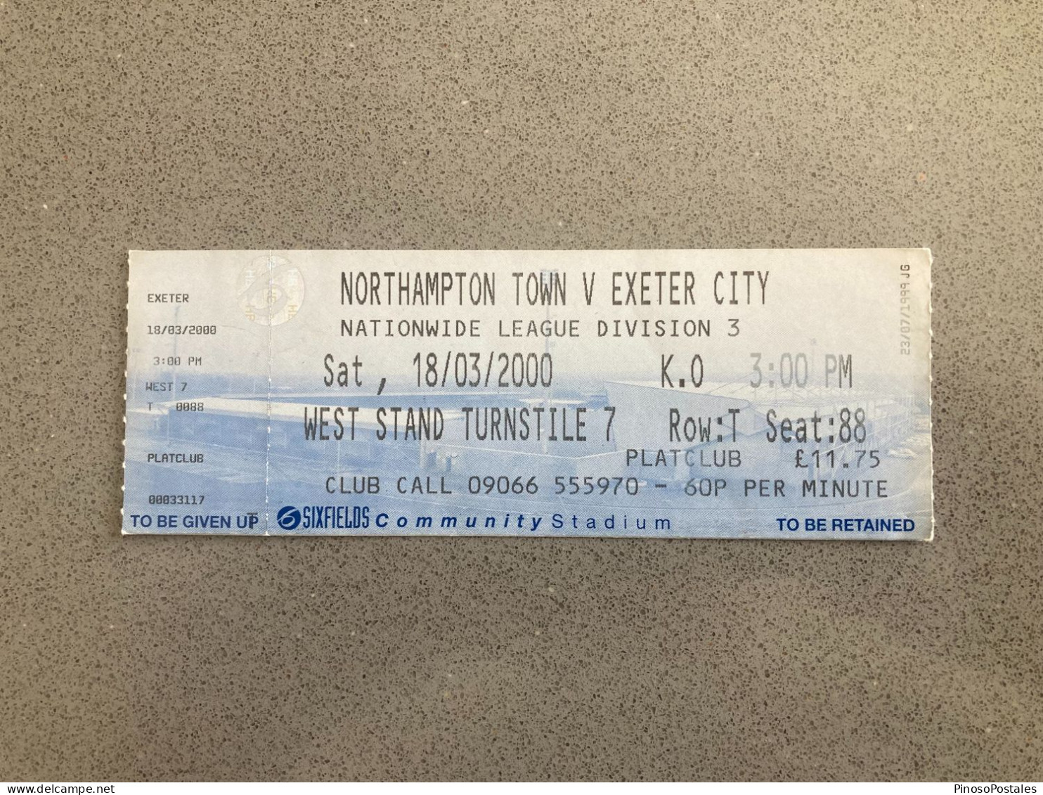 Northampton Town V Exeter City 1999-00 Match Ticket - Tickets & Toegangskaarten