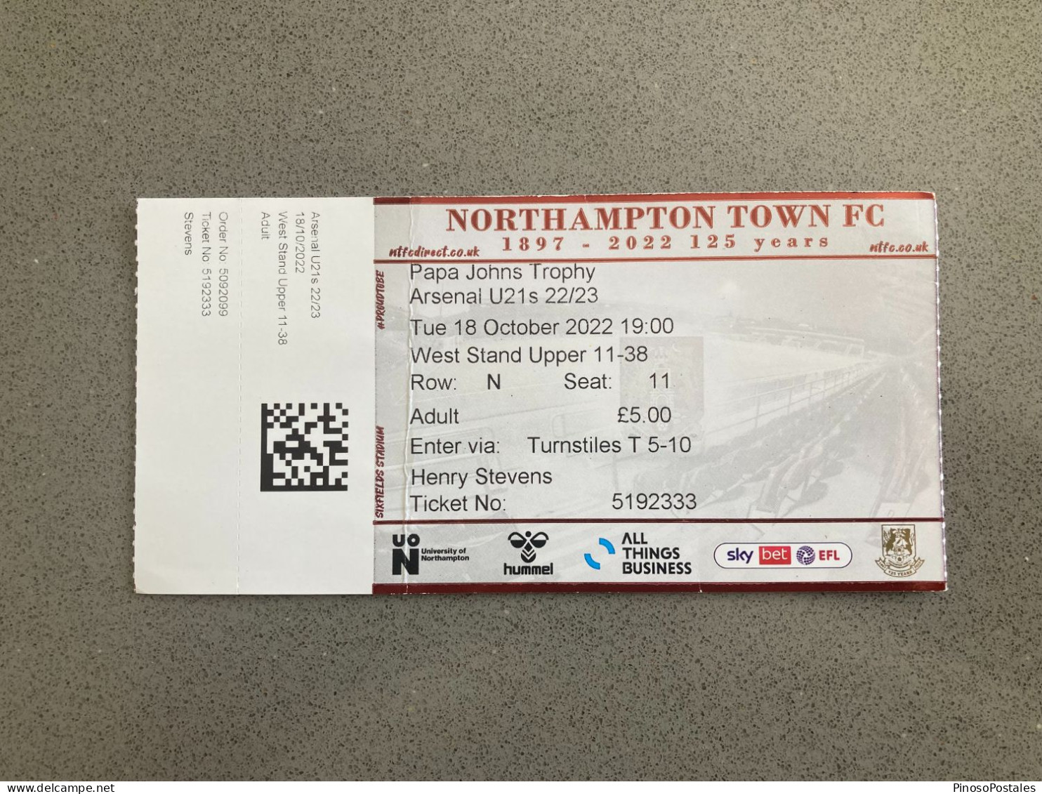 Northampton Town V Arsenal U-21 2022-23 Match Ticket - Tickets D'entrée