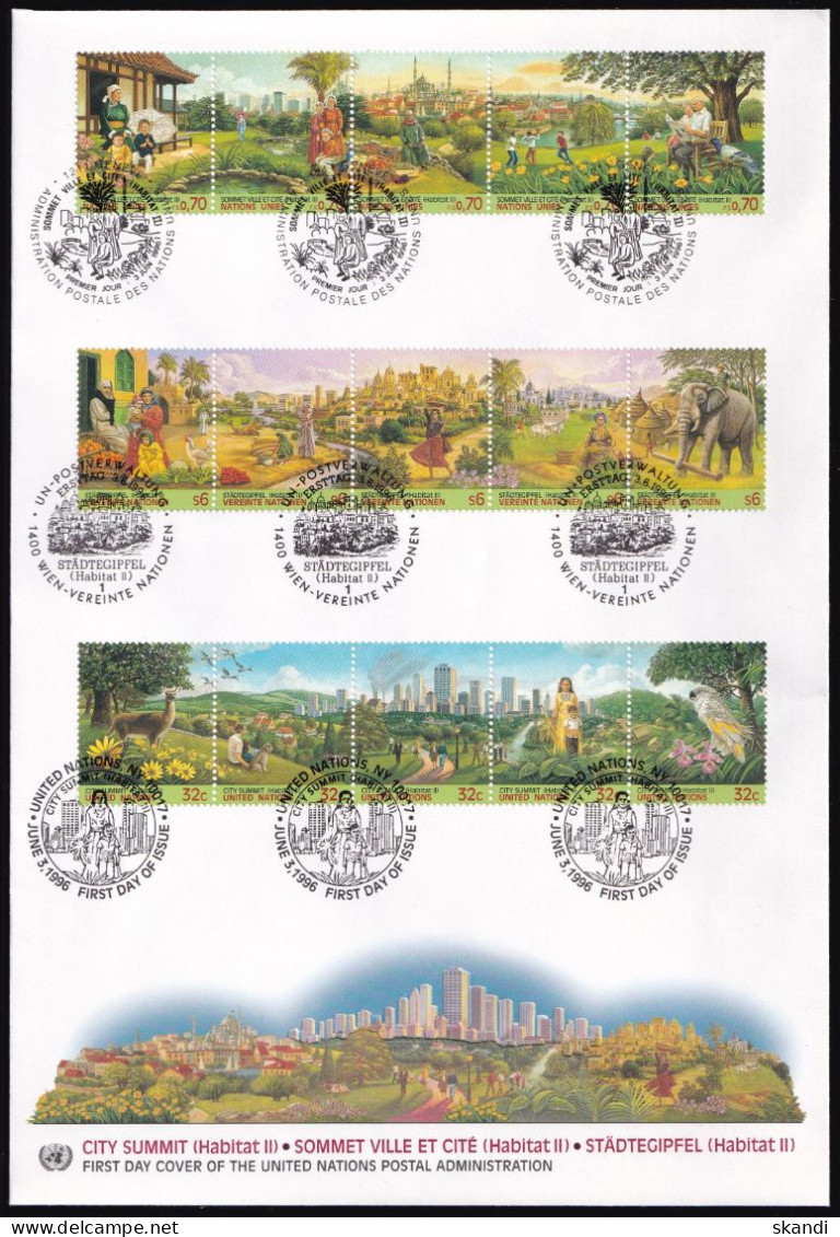 UNO NEW YORK - WIEN - GENF 1996 TRIO-FDC Städtegipfel - Emisiones Comunes New York/Ginebra/Vienna