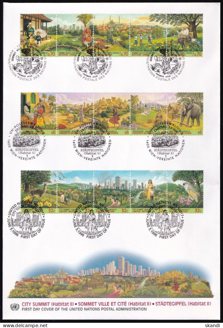 UNO NEW YORK - WIEN - GENF 1996 TRIO-FDC Städtegipfel - Gezamelijke Uitgaven New York/Genève/Wenen