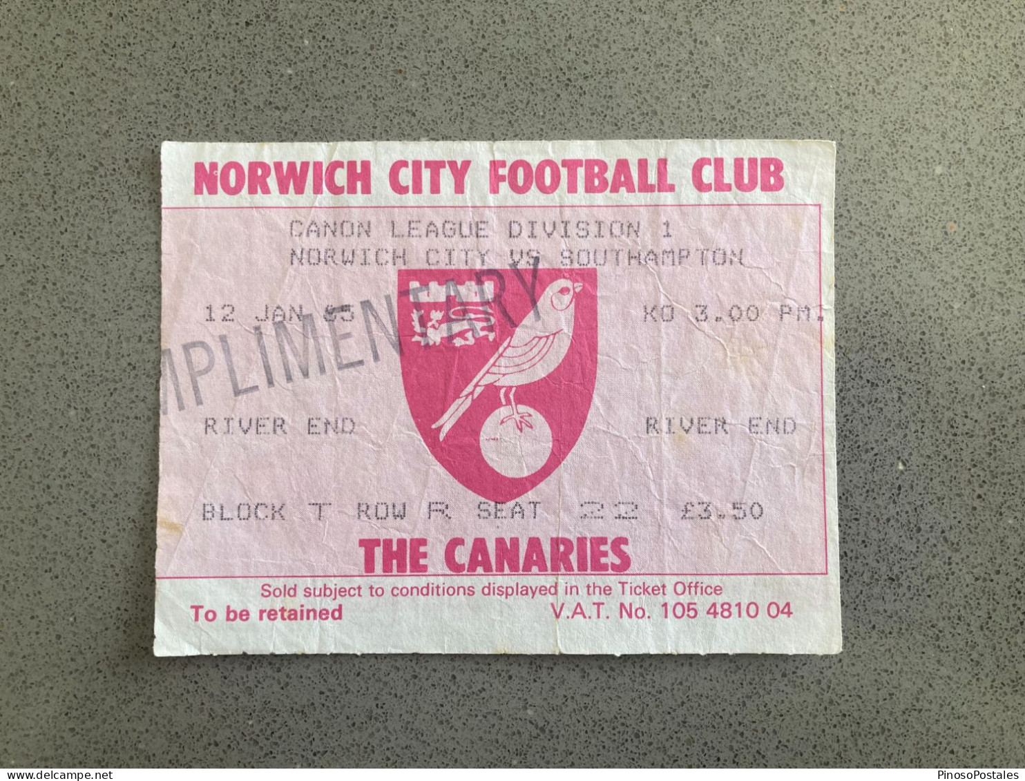 Norwich City V Southampton 1984-85 Match Ticket - Tickets & Toegangskaarten