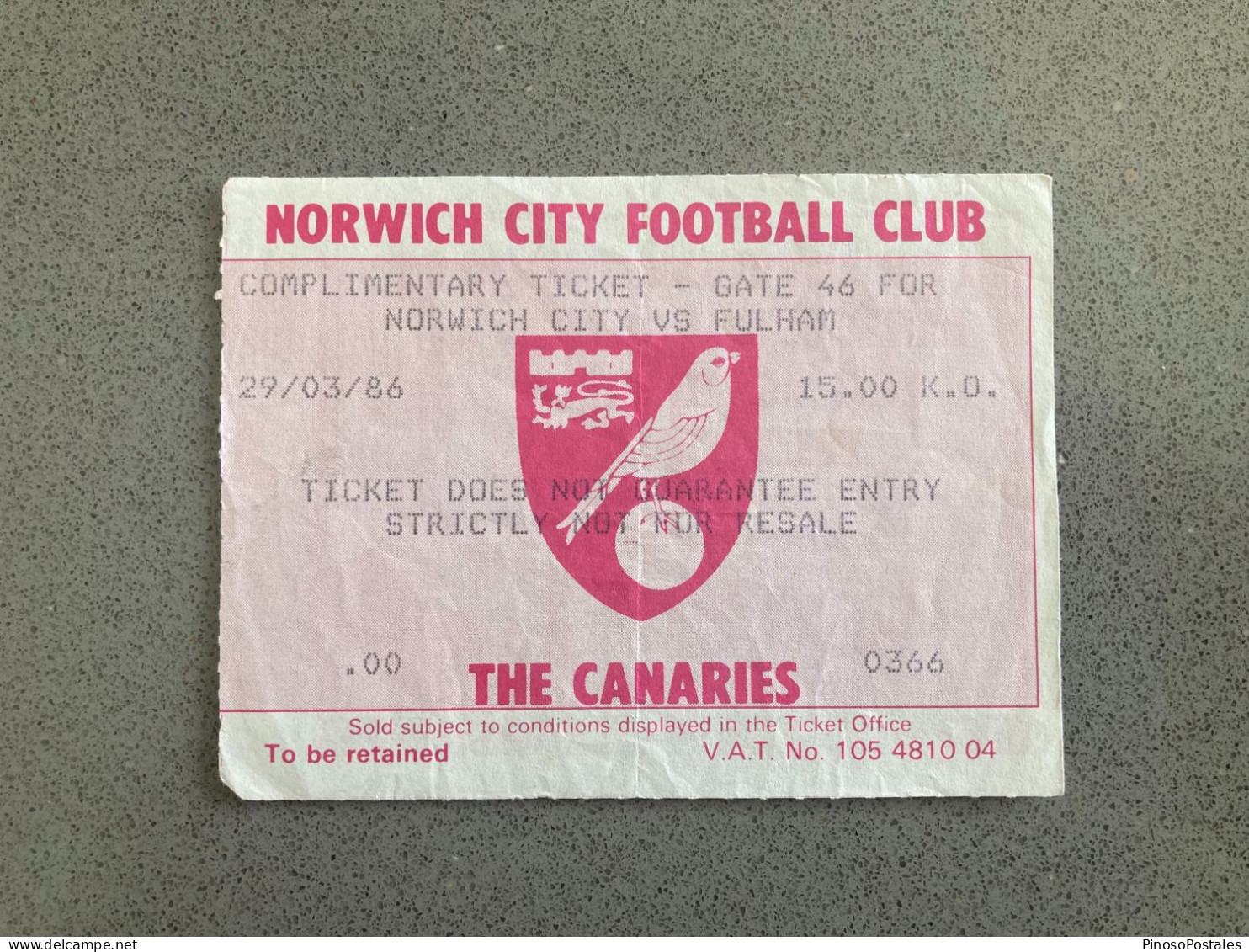 Norwich City V Fulham 1985-86 Match Ticket - Eintrittskarten