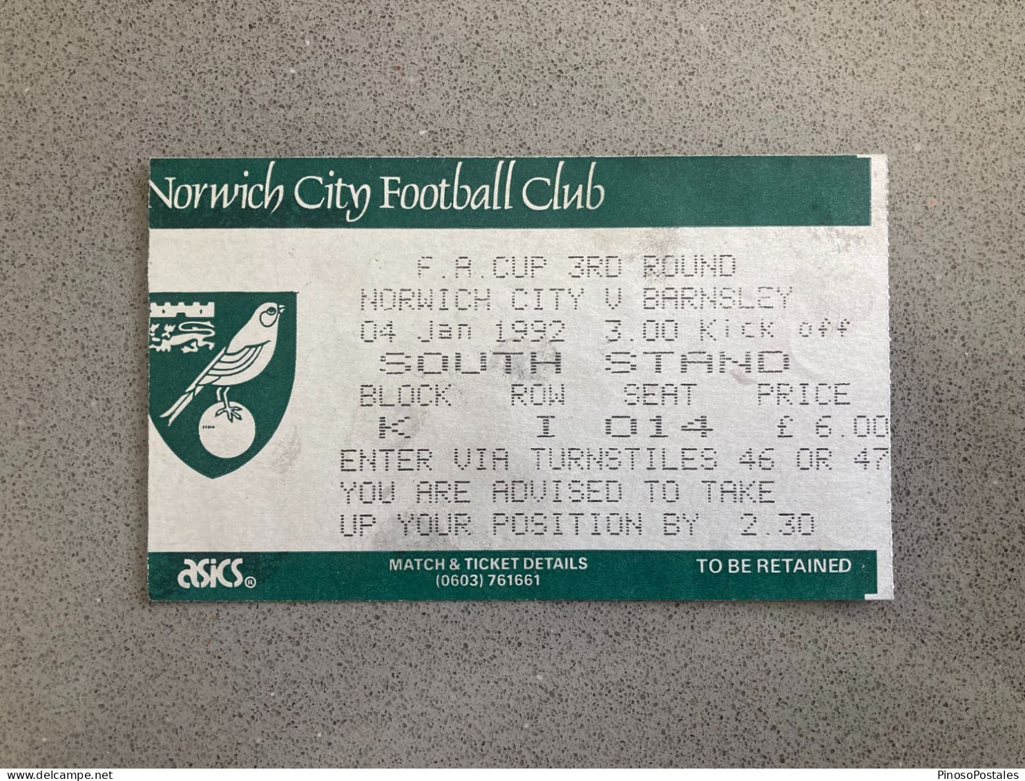 Norwich City V Barnsley 1991-92 Match Ticket - Biglietti D'ingresso