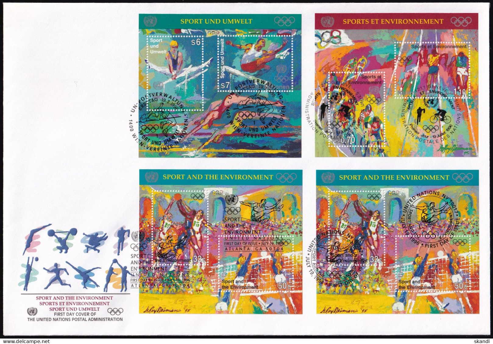 UNO NEW YORK - WIEN - GENF 1996 TRIO-FDC Sport Und Umwelt - New York/Geneva/Vienna Joint Issues