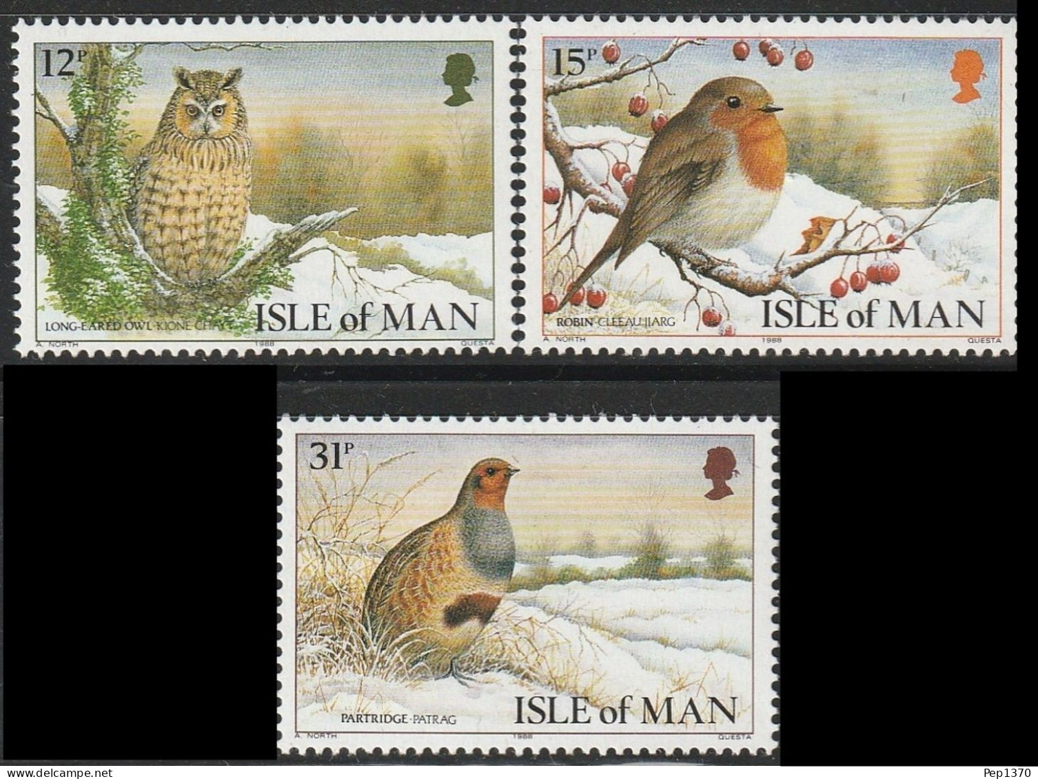 ISLA DE MAN 1988 - AVES - PAJAROS - BUHO - PERDIZ - YVERT 385/387** - Isla De Man