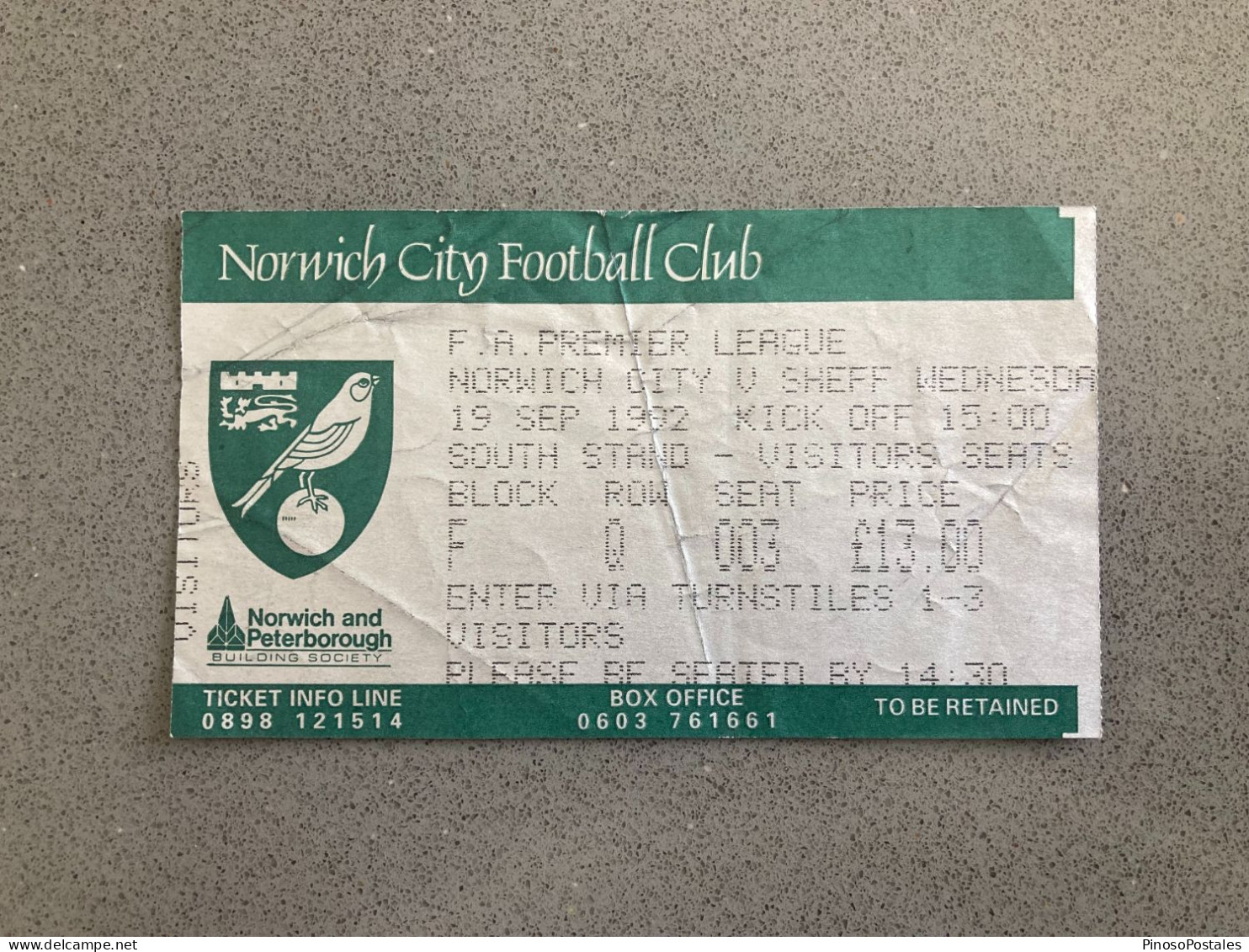 Norwich City V Sheffield Wednesday 1992-93 Match Ticket - Eintrittskarten