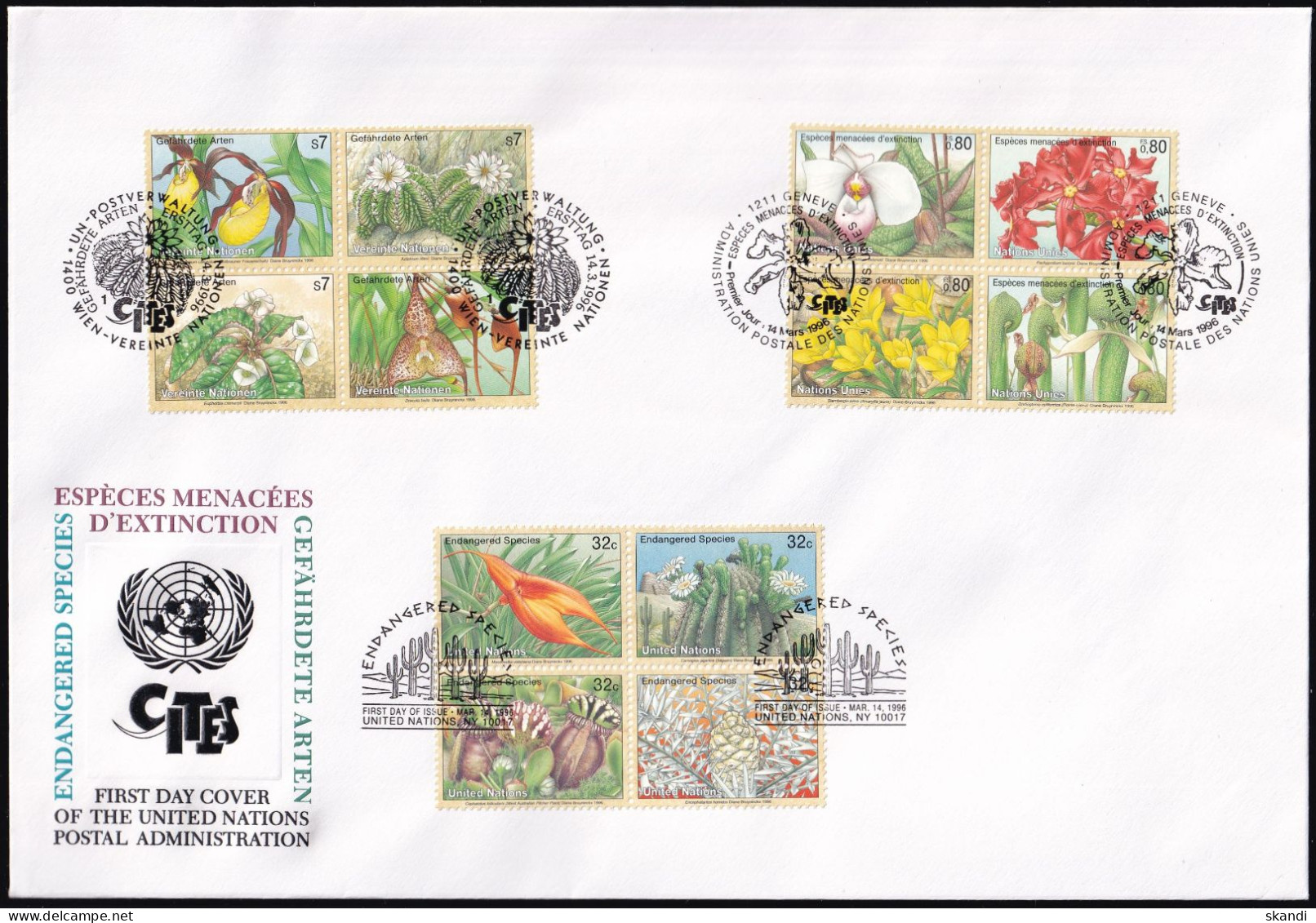 UNO NEW YORK - WIEN - GENF 1996 TRIO-FDC Gefährdete Arten - Emisiones Comunes New York/Ginebra/Vienna